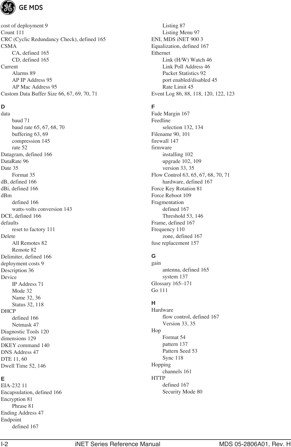 I-2 iNET Series Reference Manual MDS 05-2806A01, Rev. Hcost of deployment 9Count 111CRC (Cyclic Redundancy Check), defined 165CSMACA, defined 165CD, defined 165CurrentAlarms 89AP IP Address 95AP Mac Address 95Custom Data Buffer Size 66, 67, 69, 70, 71Ddatabaud 71baud rate 65, 67, 68, 70buffering 63, 69compression 145rate 52Datagram, defined 166DataRate 96Date 35Format 35dB, defined 166dBi, defined 166dBmdefined 166watts-volts conversion 143DCE, defined 166defaultsreset to factory 111DeleteAll Remotes 82Remote 82Delimiter, defined 166deployment costs 9Description 36DeviceIP Address 71Mode 32Name 32, 36Status 32, 118DHCPdefined 166Netmask 47Diagnostic Tools 120dimensions 129DKEY command 140DNS Address 47DTE 11, 60Dwell Time 52, 146EEIA-232 11Encapsulation, defined 166Encryption 81Phrase 81Ending Address 47Endpointdefined 167Listing 87Listing Menu 97ENI, MDS iNET 900 3Equalization, defined 167EthernetLink (H/W) Watch 46Link Poll Address 46Packet Statistics 92port enabled/disabled 45Rate Limit 45Event Log 86, 88, 118, 120, 122, 123FFade Margin 167Feedlineselection 132, 134Filename 90, 101firewall 147firmwareinstalling 102upgrade 102, 109version 33, 35Flow Control 63, 65, 67, 68, 70, 71hardware, defined 167Force Key Rotation 81Force Reboot 109Fragmentationdefined 167Threshold 53, 146Frame, defined 167Frequency 110zone, defined 167fuse replacement 157Ggainantenna, defined 165system 137Glossary 165–171Go 111HHardwareflow control, defined 167Version 33, 35HopFormat 54pattern 137Pattern Seed 53Sync 118Hoppingchannels 161HTTPdefined 167Security Mode 80