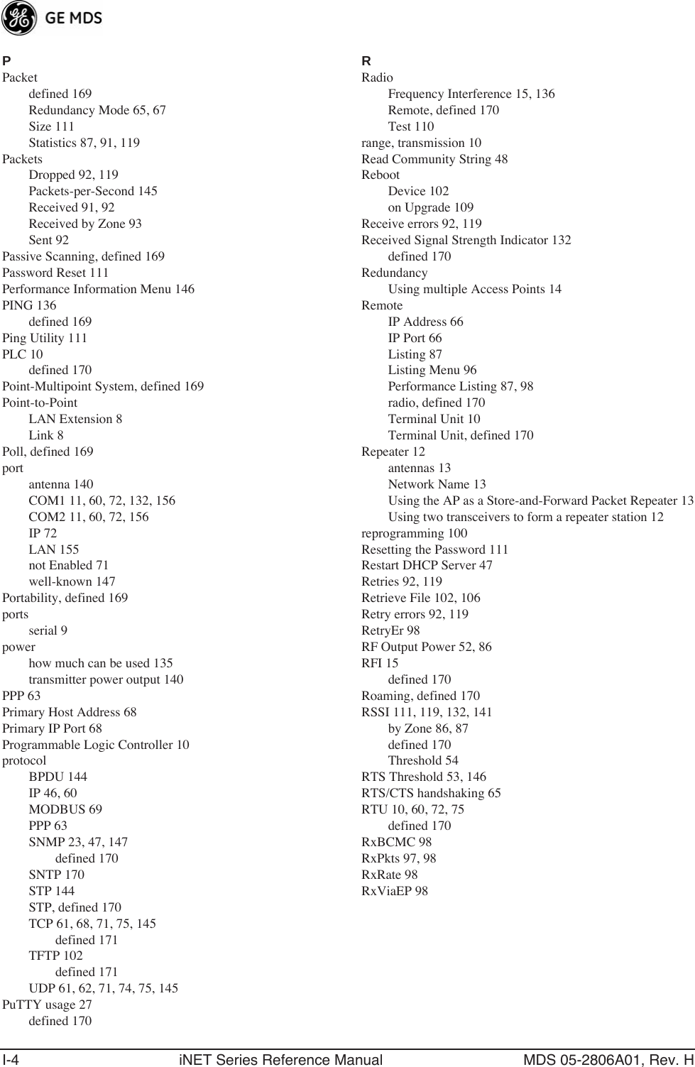 I-4 iNET Series Reference Manual MDS 05-2806A01, Rev. HPPacketdefined 169Redundancy Mode 65, 67Size 111Statistics 87, 91, 119PacketsDropped 92, 119Packets-per-Second 145Received 91, 92Received by Zone 93Sent 92Passive Scanning, defined 169Password Reset 111Performance Information Menu 146PING 136defined 169Ping Utility 111PLC 10defined 170Point-Multipoint System, defined 169Point-to-PointLAN Extension 8Link 8Poll, defined 169portantenna 140COM1 11, 60, 72, 132, 156COM2 11, 60, 72, 156IP 72LAN 155not Enabled 71well-known 147Portability, defined 169portsserial 9powerhow much can be used 135transmitter power output 140PPP 63Primary Host Address 68Primary IP Port 68Programmable Logic Controller 10protocolBPDU 144IP 46, 60MODBUS 69PPP 63SNMP 23, 47, 147defined 170SNTP 170STP 144STP, defined 170TCP 61, 68, 71, 75, 145defined 171TFTP 102defined 171UDP 61, 62, 71, 74, 75, 145PuTTY usage 27defined 170RRadioFrequency Interference 15, 136Remote, defined 170Test 110range, transmission 10Read Community String 48RebootDevice 102on Upgrade 109Receive errors 92, 119Received Signal Strength Indicator 132defined 170RedundancyUsing multiple Access Points 14RemoteIP Address 66IP Port 66Listing 87Listing Menu 96Performance Listing 87, 98radio, defined 170Terminal Unit 10Terminal Unit, defined 170Repeater 12antennas 13Network Name 13Using the AP as a Store-and-Forward Packet Repeater 13Using two transceivers to form a repeater station 12reprogramming 100Resetting the Password 111Restart DHCP Server 47Retries 92, 119Retrieve File 102, 106Retry errors 92, 119RetryEr 98RF Output Power 52, 86RFI 15defined 170Roaming, defined 170RSSI 111, 119, 132, 141by Zone 86, 87defined 170Threshold 54RTS Threshold 53, 146RTS/CTS handshaking 65RTU 10, 60, 72, 75defined 170RxBCMC 98RxPkts 97, 98RxRate 98RxViaEP 98