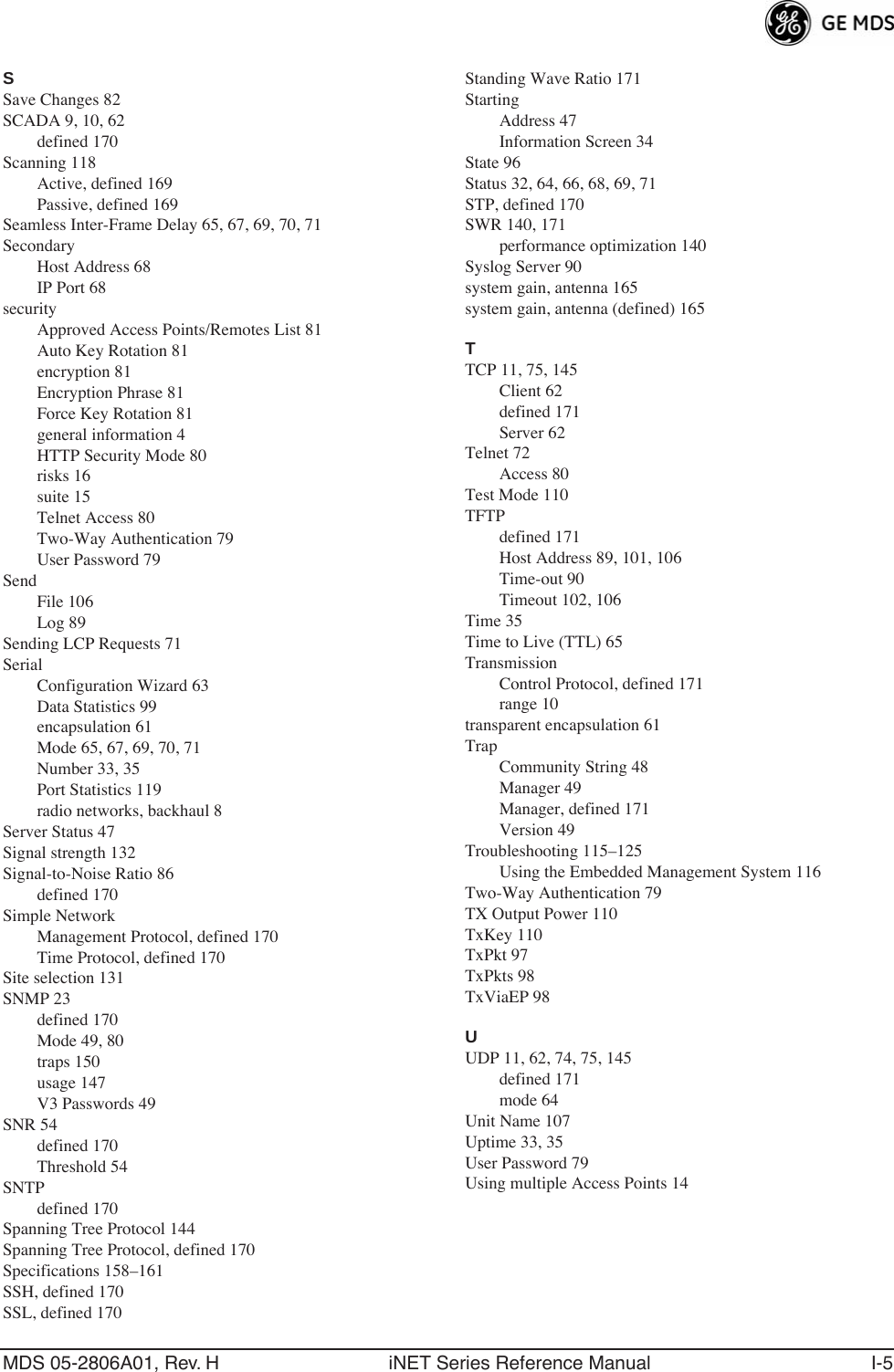 MDS 05-2806A01, Rev. H iNET Series Reference Manual I-5SSave Changes 82SCADA 9, 10, 62defined 170Scanning 118Active, defined 169Passive, defined 169Seamless Inter-Frame Delay 65, 67, 69, 70, 71SecondaryHost Address 68IP Port 68securityApproved Access Points/Remotes List 81Auto Key Rotation 81encryption 81Encryption Phrase 81Force Key Rotation 81general information 4HTTP Security Mode 80risks 16suite 15Telnet Access 80Two-Way Authentication 79User Password 79SendFile 106Log 89Sending LCP Requests 71SerialConfiguration Wizard 63Data Statistics 99encapsulation 61Mode 65, 67, 69, 70, 71Number 33, 35Port Statistics 119radio networks, backhaul 8Server Status 47Signal strength 132Signal-to-Noise Ratio 86defined 170Simple NetworkManagement Protocol, defined 170Time Protocol, defined 170Site selection 131SNMP 23defined 170Mode 49, 80traps 150usage 147V3 Passwords 49SNR 54defined 170Threshold 54SNTPdefined 170Spanning Tree Protocol 144Spanning Tree Protocol, defined 170Specifications 158–161SSH, defined 170SSL, defined 170Standing Wave Ratio 171StartingAddress 47Information Screen 34State 96Status 32, 64, 66, 68, 69, 71STP, defined 170SWR 140, 171performance optimization 140Syslog Server 90system gain, antenna 165system gain, antenna (defined) 165TTCP 11, 75, 145Client 62defined 171Server 62Telnet 72Access 80Test Mode 110TFTPdefined 171Host Address 89, 101, 106Time-out 90Timeout 102, 106Time 35Time to Live (TTL) 65TransmissionControl Protocol, defined 171range 10transparent encapsulation 61TrapCommunity String 48Manager 49Manager, defined 171Version 49Troubleshooting 115–125Using the Embedded Management System 116Two-Way Authentication 79TX Output Power 110TxKey 110TxPkt 97TxPkts 98TxViaEP 98UUDP 11, 62, 74, 75, 145defined 171mode 64Unit Name 107Uptime 33, 35User Password 79Using multiple Access Points 14