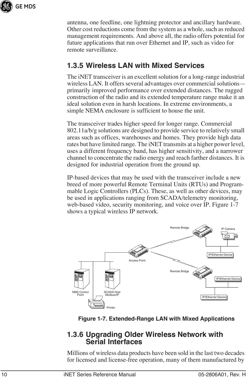 10 iNET Series Reference Manual 05-2806A01, Rev. Hantenna, one feedline, one lightning protector and ancillary hardware. Other cost reductions come from the system as a whole, such as reduced management requirements. And above all, the radio offers potential for future applications that run over Ethernet and IP, such as video for remote surveillance.1.3.5 Wireless LAN with Mixed ServicesThe iNET transceiver is an excellent solution for a long-range industrial wireless LAN. It offers several advantages over commercial solutions—primarily improved performance over extended distances. The rugged construction of the radio and its extended temperature range make it an ideal solution even in harsh locations. In extreme environments, a simple NEMA enclosure is sufficient to house the unit.The transceiver trades higher speed for longer range. Commercial 802.11a/b/g solutions are designed to provide service to relatively small areas such as offices, warehouses and homes. They provide high data rates but have limited range. The iNET transmits at a higher power level, uses a different frequency band, has higher sensitivity, and a narrower channel to concentrate the radio energy and reach farther distances. It is designed for industrial operation from the ground up.IP-based devices that may be used with the transceiver include a new breed of more powerful Remote Terminal Units (RTUs) and Program-mable Logic Controllers (PLCs). These, as well as other devices, may be used in applications ranging from SCADA/telemetry monitoring, web-based video, security monitoring, and voice over IP. Figure 1-7 shows a typical wireless IP network.Invisible place holderFigure 1-7. Extended-Range LAN with Mixed Applications1.3.6 Upgrading Older Wireless Network with Serial InterfacesMillions of wireless data products have been sold in the last two decades for licensed and license-free operation, many of them manufactured by NMS ControlPointSCADA HostModbus/IPAccess PointRemote BridgePrinterRemote BridgeIP CameraIP/Ethernet DeviceIP/Ethernet DeviceIP/Ethernet Device