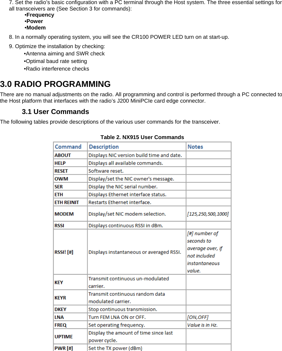  7. Set the radio’s basic configuration with a PC terminal through the Host system. The three essential settings for all transceivers are (See Section 3 for commands): •Frequency •Power •Modem 8. In a normally operating system, you will see the CR100 POWER LED turn on at start-up. 9. Optimize the installation by checking: •Antenna aiming and SWR check •Optimal baud rate setting •Radio interference checks 3.0 RADIO PROGRAMMING There are no manual adjustments on the radio. All programming and control is performed through a PC connected to the Host platform that interfaces with the radio’s J200 MiniPCIe card edge connector. 3.1 User Commands The following tables provide descriptions of the various user commands for the transceiver.   Table 2. NX915 User Commands  