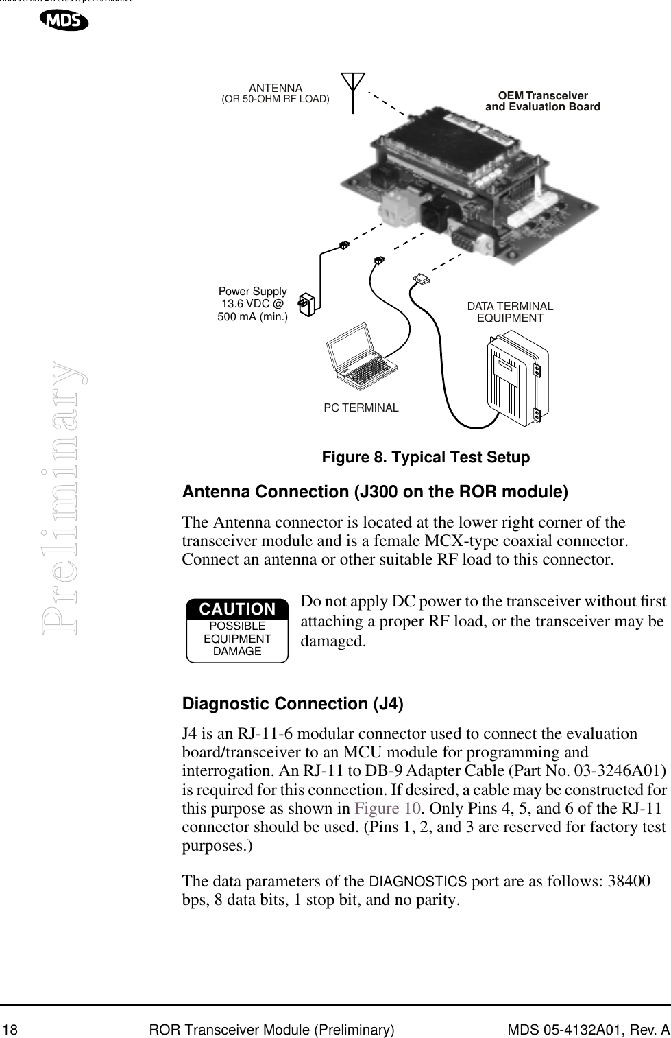 18 ROR Transceiver Module (Preliminary) MDS 05-4132A01, Rev. APreliminaryInvisible place holderFigure 8. Typical Test SetupAntenna Connection (J300 on the ROR module)The Antenna connector is located at the lower right corner of the transceiver module and is a female MCX-type coaxial connector. Connect an antenna or other suitable RF load to this connector.Do not apply DC power to the transceiver without ﬁrst attaching a proper RF load, or the transceiver may be damaged.Diagnostic Connection (J4)J4 is an RJ-11-6 modular connector used to connect the evaluation board/transceiver to an MCU module for programming and interrogation. An RJ-11 to DB-9 Adapter Cable (Part No. 03-3246A01) is required for this connection. If desired, a cable may be constructed for this purpose as shown in Figure 10. Only Pins 4, 5, and 6 of the RJ-11 connector should be used. (Pins 1, 2, and 3 are reserved for factory test purposes.)The data parameters of the DIAGNOSTICS port are as follows: 38400 bps, 8 data bits, 1 stop bit, and no parity.OEM Transceiverand Evaluation BoardANTENNA(OR 50-OHM RF LOAD)PC TERMINALDATA TERMINALEQUIPMENTPower Supply13.6 VDC @500 mA (min.)CAUTIONPOSSIBLEEQUIPMENTDAMAGE