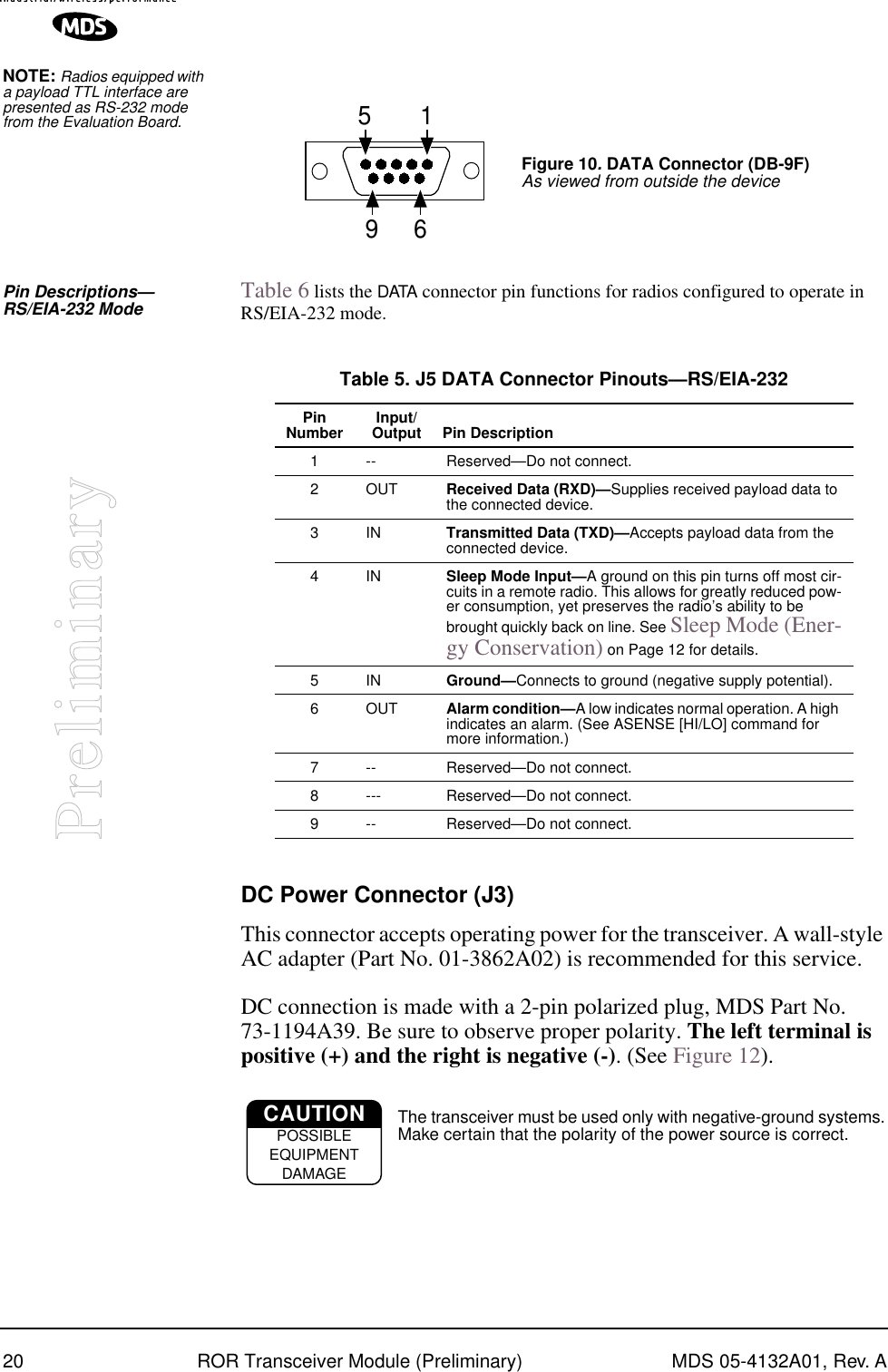 20 ROR Transceiver Module (Preliminary) MDS 05-4132A01, Rev. APreliminaryNOTE: Radios equipped with a payload TTL interface are presented as RS-232 mode from the Evaluation Board.Pin Descriptions—RS/EIA-232 Mode Table 6 lists the DATA connector pin functions for radios configured to operate in RS/EIA-232 mode.DC Power Connector (J3)This connector accepts operating power for the transceiver. A wall-style AC adapter (Part No. 01-3862A02) is recommended for this service.DC connection is made with a 2-pin polarized plug, MDS Part No. 73-1194A39. Be sure to observe proper polarity. The left terminal is positive (+) and the right is negative (-). (See Figure 12).The transceiver must be used only with negative-ground systems. Make certain that the polarity of the power source is correct.Figure 10. DATA Connector (DB-9F)As viewed from outside the device5961Table 5. J5 DATA Connector Pinouts—RS/EIA-232  PinNumber Input/Output Pin Description1 -- Reserved—Do not connect.2 OUT Received Data (RXD)—Supplies received payload data to the connected device.3IN Transmitted Data (TXD)—Accepts payload data from the connected device.4IN Sleep Mode Input—A ground on this pin turns off most cir-cuits in a remote radio. This allows for greatly reduced pow-er consumption, yet preserves the radio’s ability to be brought quickly back on line. See Sleep Mode (Ener-gy Conservation) on Page 12 for details.5IN Ground—Connects to ground (negative supply potential).6 OUT Alarm condition—A low indicates normal operation. A high indicates an alarm. (See ASENSE [HI/LO] command for more information.)7 -- Reserved—Do not connect.8 --- Reserved—Do not connect.9 -- Reserved—Do not connect.CAUTIONPOSSIBLEEQUIPMENTDAMAGE