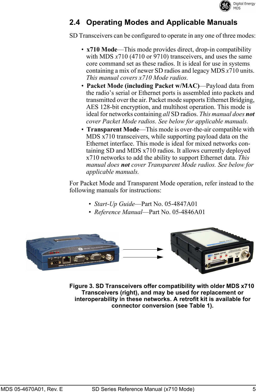 MDS 05-4670A01, Rev. E SD Series Reference Manual (x710 Mode) 5 2.4 Operating Modes and Applicable ManualsSD Transceivers can be configured to operate in any one of three modes:•x710 Mode—This mode provides direct, drop-in compatibility with MDS x710 (4710 or 9710) transceivers, and uses the same core command set as these radios. It is ideal for use in systems containing a mix of newer SD radios and legacy MDS x710 units. This manual covers x710 Mode radios.•Packet Mode (including Packet w/MAC)—Payload data from the radio’s serial or Ethernet ports is assembled into packets and transmitted over the air. Packet mode supports Ethernet Bridging, AES 128-bit encryption, and multihost operation. This mode is ideal for networks containing all SD radios. This manual does not cover Packet Mode radios. See below for applicable manuals.•Transparent Mode—This mode is over-the-air compatible with MDS x710 transceivers, while supporting payload data on the Ethernet interface. This mode is ideal for mixed networks con-taining SD and MDS x710 radios. It allows currently deployed x710 networks to add the ability to support Ethernet data. This manual does not cover Transparent Mode radios. See below for applicable manuals.For Packet Mode and Transparent Mode operation, refer instead to the following manuals for instructions:•Start-Up Guide—Part No. 05-4847A01•Reference Manual—Part No. 05-4846A01Invisible place holderFigure 3. SD Transceivers offer compatibility with older MDS x710 Transceivers (right), and may be used for replacement or interoperability in these networks. A retrofit kit is available for connector conversion (see Table 1).