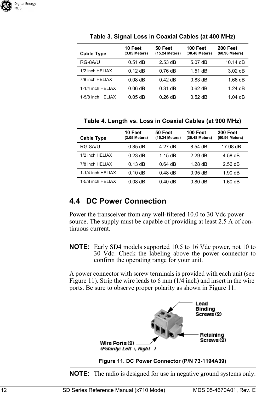 12 SD Series Reference Manual (x710 Mode) MDS 05-4670A01, Rev. E 4.4 DC Power ConnectionPower the transceiver from any well-filtered 10.0 to 30 Vdc power source. The supply must be capable of providing at least 2.5 A of con-tinuous current.NOTE: Early SD4 models supported 10.5 to 16 Vdc power, not 10 to30  Vdc.  Check  the  labeling  above  the  power  connector  toconfirm the operating range for your unit.A power connector with screw terminals is provided with each unit (see Figure 11). Strip the wire leads to 6 mm (1/4 inch) and insert in the wire ports. Be sure to observe proper polarity as shown in Figure 11.Figure 11. DC Power Connector (P/N 73-1194A39)NOTE: The radio is designed for use in negative ground systems only.Table 3. Signal Loss in Coaxial Cables (at 400 MHz)Cable Type 10 Feet(3.05 Meters)50 Feet(15.24 Meters)100 Feet(30.48 Meters)200 Feet(60.96 Meters)RG-8A/U 0.51 dB 2.53 dB 5.07 dB 10.14 dB1/2 inch HELIAX0.12 dB 0.76 dB 1.51 dB 3.02 dB7/8 inch HELIAX0.08 dB 0.42 dB 0.83 dB 1.66 dB1-1/4 inch HELIAX0.06 dB 0.31 dB 0.62 dB 1.24 dB1-5/8 inch HELIAX0.05 dB 0.26 dB 0.52 dB 1.04 dBTable 4. Length vs. Loss in Coaxial Cables (at 900 MHz)Cable Type 10 Feet(3.05 Meters)50 Feet(15.24 Meters)100 Feet(30.48 Meters)200 Feet(60.96 Meters)RG-8A/U 0.85 dB 4.27 dB 8.54 dB 17.08 dB1/2 inch HELIAX0.23 dB 1.15 dB 2.29 dB 4.58 dB7/8 inch HELIAX0.13 dB 0.64 dB 1.28 dB 2.56 dB1-1/4 inch HELIAX0.10 dB 0.48 dB 0.95 dB 1.90 dB1-5/8 inch HELIAX0.08 dB 0.40 dB 0.80 dB 1.60 dB