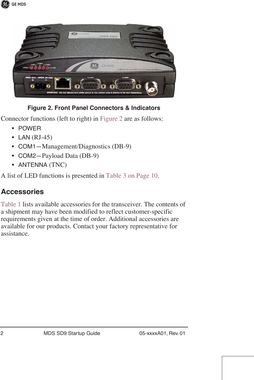  2 MDS SD9 Startup Guide 05-xxxxA01, Rev. 01  Invisible place holder Figure 2. Front Panel Connectors &amp; Indicators Connector functions (left to right) in Figure 2 are as follows: • POWER • LAN  (RJ-45)• COM1— Management/Diagnostics (DB-9)• COM2— Payload Data (DB-9)• ANTENNA  (TNC)A list of LED functions is presented in Table 3 on Page 10. Accessories Table 1 lists available accessories for the transceiver. The contents of a shipment may have been modified to reflect customer-specific requirements given at the time of order. Additional accessories are available for our products. Contact your factory representative for assistance.