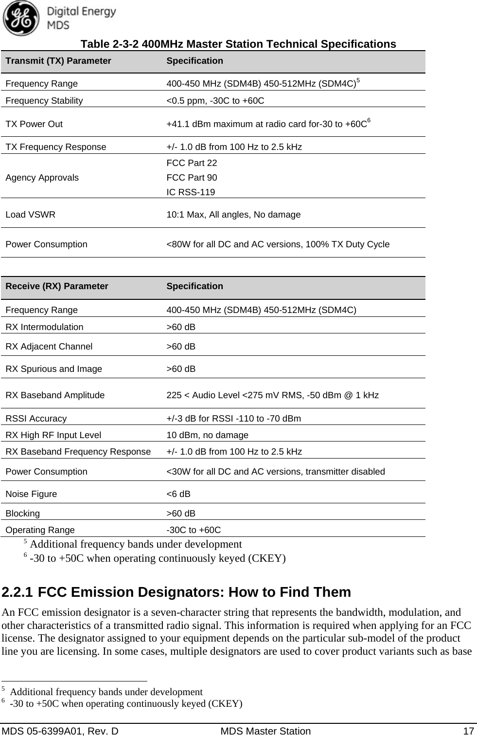  MDS 05-6399A01, Rev. D  MDS Master Station  17 Table 2-3-2 400MHz Master Station Technical Specifications Transmit (TX) Parameter  Specification Frequency Range    400-450 MHz (SDM4B) 450-512MHz (SDM4C)5 Frequency Stability  &lt;0.5 ppm, -30C to +60C TX Power Out  +41.1 dBm maximum at radio card for-30 to +60C6 TX Frequency Response  +/- 1.0 dB from 100 Hz to 2.5 kHz Agency Approvals FCC Part 22 FCC Part 90 IC RSS-119 Load VSWR  10:1 Max, All angles, No damage Power Consumption  &lt;80W for all DC and AC versions, 100% TX Duty Cycle   Receive (RX) Parameter  Specification Frequency Range  400-450 MHz (SDM4B) 450-512MHz (SDM4C) RX Intermodulation  &gt;60 dB RX Adjacent Channel  &gt;60 dB RX Spurious and Image  &gt;60 dB   RX Baseband Amplitude  225 &lt; Audio Level &lt;275 mV RMS, -50 dBm @ 1 kHz RSSI Accuracy  +/-3 dB for RSSI -110 to -70 dBm RX High RF Input Level  10 dBm, no damage RX Baseband Frequency Response  +/- 1.0 dB from 100 Hz to 2.5 kHz Power Consumption  &lt;30W for all DC and AC versions, transmitter disabled Noise Figure  &lt;6 dB Blocking  &gt;60 dB Operating Range  -30C to +60C 5 Additional frequency bands under development 6 -30 to +50C when operating continuously keyed (CKEY) 2.2.1 FCC Emission Designators: How to Find Them An FCC emission designator is a seven-character string that represents the bandwidth, modulation, and other characteristics of a transmitted radio signal. This information is required when applying for an FCC license. The designator assigned to your equipment depends on the particular sub-model of the product line you are licensing. In some cases, multiple designators are used to cover product variants such as base                                                       5  Additional frequency bands under development 6  -30 to +50C when operating continuously keyed (CKEY) 