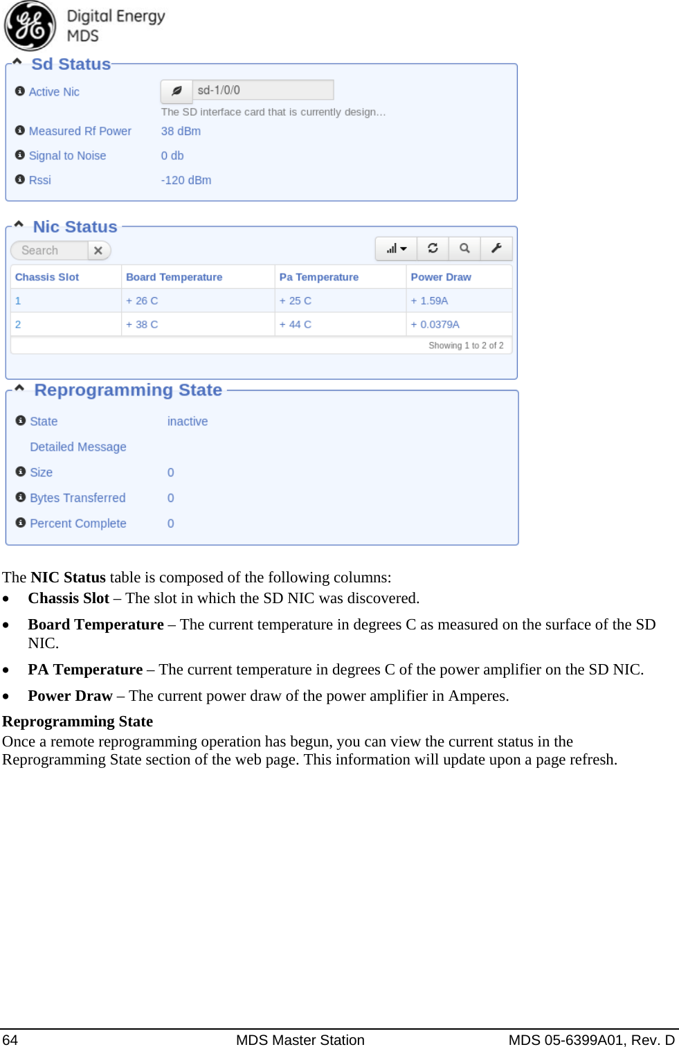  64  MDS Master Station  MDS 05-6399A01, Rev. D    The NIC Status table is composed of the following columns:  Chassis Slot – The slot in which the SD NIC was discovered.  Board Temperature – The current temperature in degrees C as measured on the surface of the SD NIC.  PA Temperature – The current temperature in degrees C of the power amplifier on the SD NIC.  Power Draw – The current power draw of the power amplifier in Amperes. Reprogramming State Once a remote reprogramming operation has begun, you can view the current status in the Reprogramming State section of the web page. This information will update upon a page refresh.  