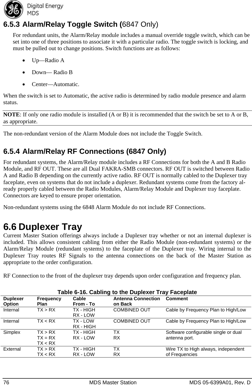  76  MDS Master Station  MDS 05-6399A01, Rev. D 6.5.3 Alarm/Relay Toggle Switch (6847 Only) For redundant units, the Alarm/Relay module includes a manual override toggle switch, which can be set into one of three positions to associate it with a particular radio. The toggle switch is locking, and must be pulled out to change positions. Switch functions are as follows:    Up—Radio A  Down— Radio B  Center—Automatic. When the switch is set to Automatic, the active radio is determined by radio module presence and alarm status.  NOTE: If only one radio module is installed (A or B) it is recommended that the switch be set to A or B, as appropriate. The non-redundant version of the Alarm Module does not include the Toggle Switch.   6.5.4 Alarm/Relay RF Connections (6847 Only) For redundant systems, the Alarm/Relay module includes a RF Connections for both the A and B Radio Module, and RF OUT. These are all Dual FAKRA-SMB connectors. RF OUT is switched between Radio A and Radio B depending on the currently active radio. RF OUT is normally cabled to the Duplexer tray faceplate, even on systems that do not include a duplexer. Redundant systems come from the factory al-ready properly cabled between the Radio Modules, Alarm/Relay Module and Duplexer tray faceplate. Connectors are keyed to ensure proper orientation.   Non-redundant systems using the 6848 Alarm Module do not include RF Connections. 6.6 Duplexer Tray Current Master Station offerings always include a Duplexer tray whether or not an internal duplexer is included. This allows consistent cabling from either the Radio Module (non-redundant systems) or the Alarm/Relay Module (redundant systems) to the faceplate of the Duplexer tray. Wiring internal to the Duplexer Tray routes RF Signals to the antenna connections on the back of the Master Station as appropriate to the order configuration.  RF Connection to the front of the duplexer tray depends upon order configuration and frequency plan.    Table 6-16. Cabling to the Duplexer Tray Faceplate   Duplexer Option  Frequency Plan  Cable  From - To   Antenna Connection on Back  CommentInternal  TX &gt; RX  TX - HIGH RX - LOW  COMBINED OUT  Cable by Frequency Plan to High/Low Internal  TX &lt; RX  TX - LOW RX - HIGH  COMBINED OUT  Cable by Frequency Plan to High/Low Simplex  TX &gt; RX TX = RX TX &lt; RX TX - HIGH RX - LOW  TX  RX    Software configurable single or dual antenna port. External  TX &gt; RX TX &lt; RX  TX - HIGH RX - LOW  TX RX  Wire TX to High always, independent of Frequencies  