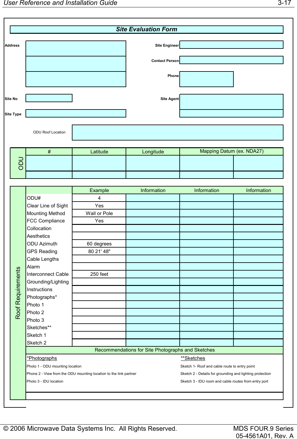 User Reference and Installation Guide   3-17 © 2006 Microwave Data Systems Inc.  All Rights Reserved. MDS FOUR.9 Series 05-4561A01, Rev. A Address Site EngineerContact PersonPhoneSite No Site AgentSite Type# Latitude LongitudeODUExample Information Information InformationODU# 4Clear Line of Sight YesMounting Method Wall or PoleFCC Compliance YesCollocationAestheticsODU Azimuth 60 degreesGPS Reading 80 21&apos; 48&quot;Cable LengthsAlarmInterconnect Cable 250 feetGrounding/LightingInstructionsPhotographs*Photo 1Photo 2Photo 3Sketches**Sketch 1Sketch 2*Photographs **SketchesPhoto 1 - ODU mounting location Sketch 1- Roof and cable route to entry pointPhone 2 - View from the ODU mounting location to the link partner Sketch 2 - Details for grounding and lighting protectionPhoto 3 - IDU location Sketch 3 - IDU room and cable routes from entry portSite Evaluation FormODU Roof LocationMapping Datum (ex. NDA27)Roof RequirementsRecommendations for Site Photographs and Sketches 