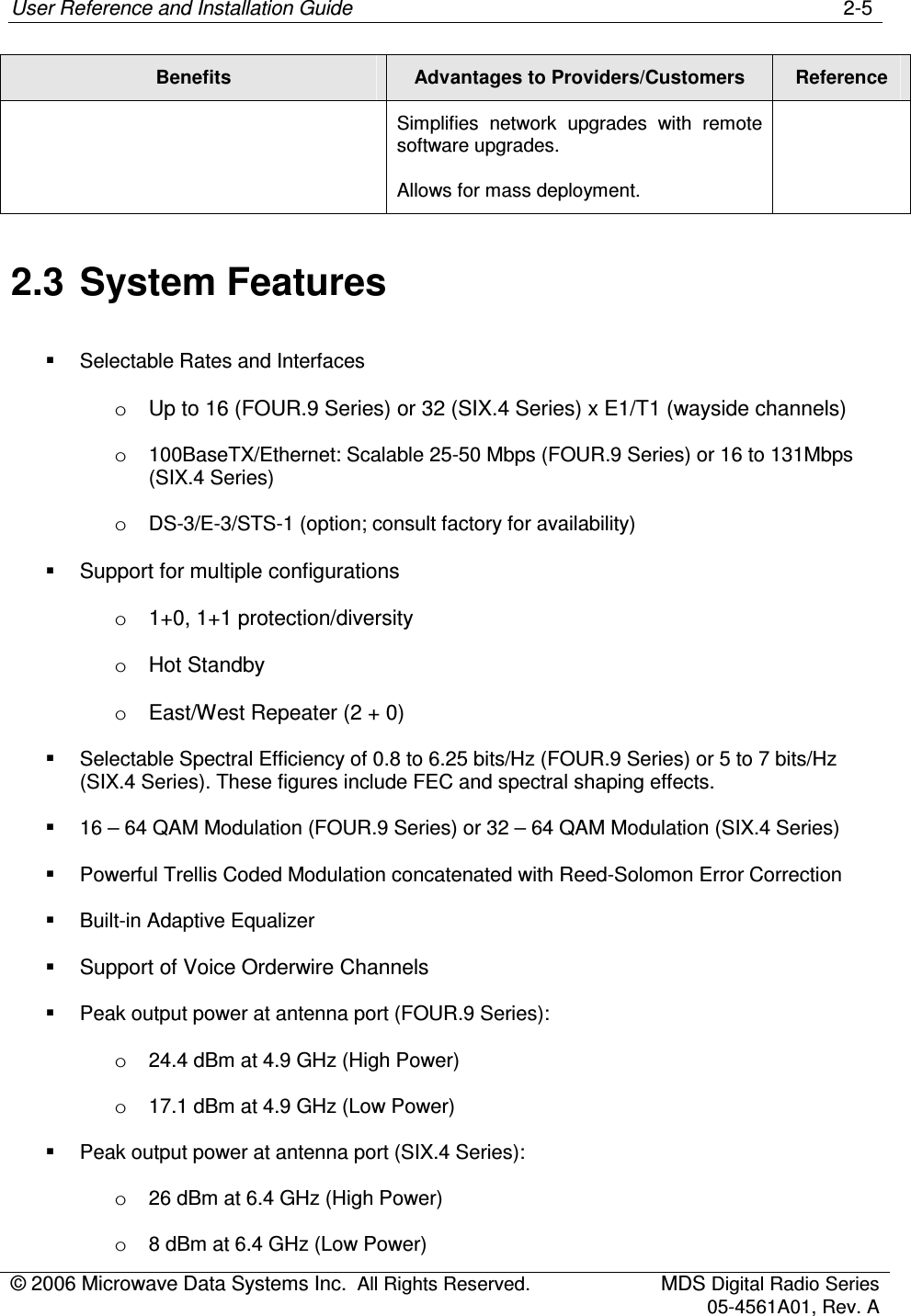 User Reference and Installation Guide    2-5 © 2006 Microwave Data Systems Inc.  All Rights Reserved.  MDS Digital Radio Series 05-4561A01, Rev. A  Benefits  Advantages to Providers/Customers  Reference Simplifies  network  upgrades  with  remote software upgrades. Allows for mass deployment. 2.3  System Features   Selectable Rates and Interfaces o  Up to 16 (FOUR.9 Series) or 32 (SIX.4 Series) x E1/T1 (wayside channels) o  100BaseTX/Ethernet: Scalable 25-50 Mbps (FOUR.9 Series) or 16 to 131Mbps (SIX.4 Series) o  DS-3/E-3/STS-1 (option; consult factory for availability)   Support for multiple configurations o  1+0, 1+1 protection/diversity o  Hot Standby o  East/West Repeater (2 + 0)   Selectable Spectral Efficiency of 0.8 to 6.25 bits/Hz (FOUR.9 Series) or 5 to 7 bits/Hz (SIX.4 Series). These figures include FEC and spectral shaping effects.   16 – 64 QAM Modulation (FOUR.9 Series) or 32 – 64 QAM Modulation (SIX.4 Series)   Powerful Trellis Coded Modulation concatenated with Reed-Solomon Error Correction    Built-in Adaptive Equalizer   Support of Voice Orderwire Channels   Peak output power at antenna port (FOUR.9 Series): o  24.4 dBm at 4.9 GHz (High Power) o  17.1 dBm at 4.9 GHz (Low Power)   Peak output power at antenna port (SIX.4 Series): o  26 dBm at 6.4 GHz (High Power) o  8 dBm at 6.4 GHz (Low Power) 