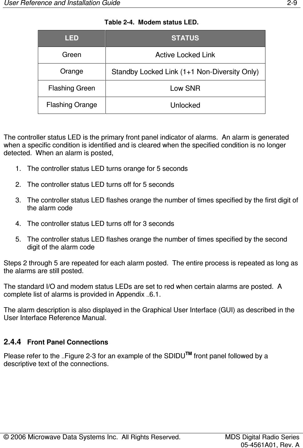 User Reference and Installation Guide    2-9 © 2006 Microwave Data Systems Inc.  All Rights Reserved.  MDS Digital Radio Series 05-4561A01, Rev. A  Table 2-4.  Modem status LED. LED STATUS Green Active Locked Link Orange  Standby Locked Link (1+1 Non-Diversity Only) Flashing Green  Low SNR Flashing Orange  Unlocked  The controller status LED is the primary front panel indicator of alarms.  An alarm is generated when a specific condition is identified and is cleared when the specified condition is no longer detected.  When an alarm is posted, 1.  The controller status LED turns orange for 5 seconds 2.  The controller status LED turns off for 5 seconds 3.  The controller status LED flashes orange the number of times specified by the first digit of the alarm code 4.  The controller status LED turns off for 3 seconds 5.  The controller status LED flashes orange the number of times specified by the second digit of the alarm code Steps 2 through 5 are repeated for each alarm posted.  The entire process is repeated as long as the alarms are still posted. The standard I/O and modem status LEDs are set to red when certain alarms are posted.  A complete list of alarms is provided in Appendix 161H158H6.1. The alarm description is also displayed in the Graphical User Interface (GUI) as described in the User Interface Reference Manual. 2.4.4  Front Panel Connections Please refer to the 162H159HFigure 2-3 for an example of the SDIDUTM front panel followed by a descriptive text of the connections. 