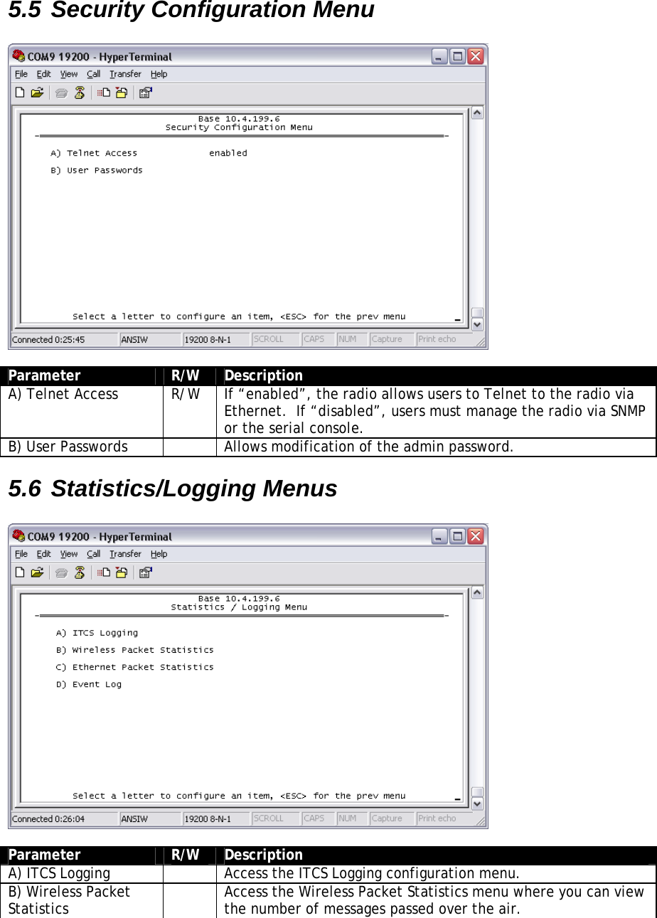 5.5 Security Configuration Menu    Parameter  R/W  Description A) Telnet Access  R/W  If “enabled”, the radio allows users to Telnet to the radio via Ethernet.  If “disabled”, users must manage the radio via SNMP or the serial console. B) User Passwords    Allows modification of the admin password. 5.6 Statistics/Logging Menus    Parameter  R/W  Description A) ITCS Logging    Access the ITCS Logging configuration menu. B) Wireless Packet Statistics    Access the Wireless Packet Statistics menu where you can view the number of messages passed over the air. 