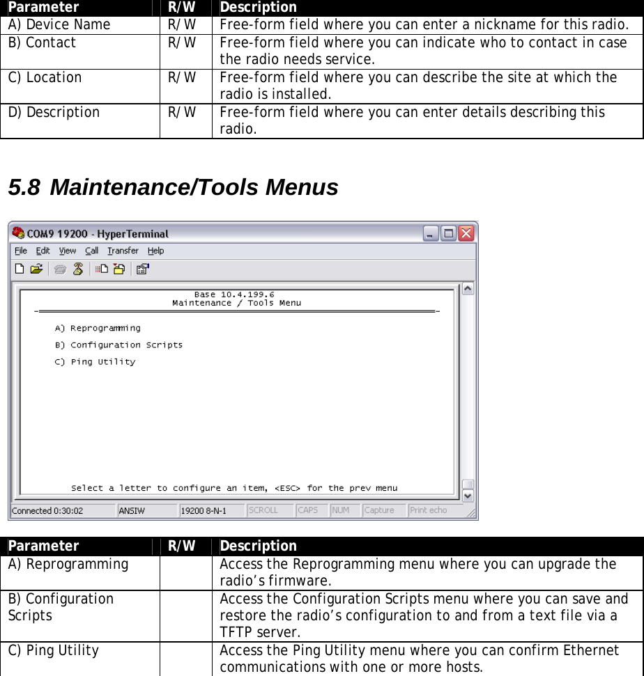 Parameter  R/W  Description A) Device Name  R/W  Free-form field where you can enter a nickname for this radio. B) Contact  R/W  Free-form field where you can indicate who to contact in case the radio needs service. C) Location  R/W  Free-form field where you can describe the site at which the radio is installed. D) Description  R/W  Free-form field where you can enter details describing this radio.  5.8 Maintenance/Tools Menus    Parameter  R/W  Description A) Reprogramming    Access the Reprogramming menu where you can upgrade the radio’s firmware. B) Configuration Scripts    Access the Configuration Scripts menu where you can save and restore the radio’s configuration to and from a text file via a TFTP server. C) Ping Utility    Access the Ping Utility menu where you can confirm Ethernet communications with one or more hosts.  