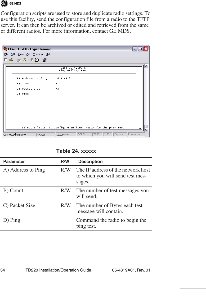 34 TD220 Installation/Operation Guide 05-4819A01, Rev. 01 Configuration scripts are used to store and duplicate radio settings. To use this facility, send the configuration file from a radio to the TFTP server. It can then be archived or edited and retrieved from the same or different radios. For more information, contact GE MDS.Table 24. xxxxx  Parameter R/W DescriptionA) Address to Ping R/W The IP address of the network host to which you will send test mes-sages.B) Count R/W The number of test messages you will send.C) Packet Size R/W The number of Bytes each test message will contain.D) Ping Command the radio to begin the ping test.