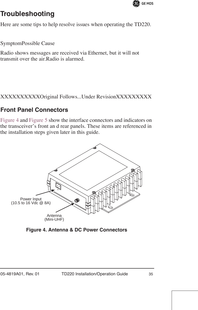 05-4819A01, Rev. 01 TD220 Installation/Operation Guide 35TroubleshootingHere are some tips to help resolve issues when operating the TD220.SymptomPossible CauseRadio shows messages are received via Ethernet, but it will not transmit over the air.Radio is alarmed.XXXXXXXXXXOriginal Follows...Under RevisionXXXXXXXXXFront Panel ConnectorsFigure 4 and Figure 5 show the interface connectors and indicators on the transceiver’s front an d rear panels. These items are referenced in the installation steps given later in this guide.Invisible place holderFigure 4. Antenna &amp; DC Power Connectors Antenna(Mini-UHF)Power Input(10.5 to 16 Vdc @ 8A)