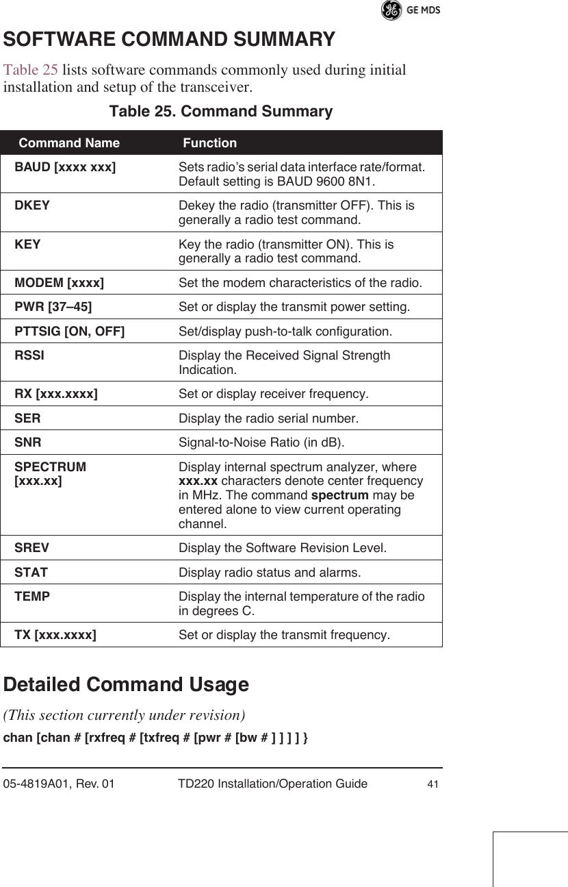 05-4819A01, Rev. 01 TD220 Installation/Operation Guide 41SOFTWARE COMMAND SUMMARYTable 25 lists software commands commonly used during initial installation and setup of the transceiver. Detailed Command Usage(This section currently under revision)chan [chan # [rxfreq # [txfreq # [pwr # [bw # ] ] ] ] }Table 25. Command Summary  Command Name  FunctionBAUD [xxxx xxx] Sets radio’s serial data interface rate/format. Default setting is BAUD 9600 8N1.DKEY Dekey the radio (transmitter OFF). This is generally a radio test command.KEY Key the radio (transmitter ON). This is generally a radio test command.MODEM [xxxx] Set the modem characteristics of the radio.PWR [37–45] Set or display the transmit power setting.PTTSIG [ON, OFF] Set/display push-to-talk configuration.RSSI Display the Received Signal Strength Indication.RX [xxx.xxxx] Set or display receiver frequency.SER Display the radio serial number.SNR Signal-to-Noise Ratio (in dB).SPECTRUM [xxx.xx]Display internal spectrum analyzer, where xxx.xx characters denote center frequency in MHz. The command spectrum may be entered alone to view current operating channel.SREV Display the Software Revision Level.STAT Display radio status and alarms.TEMP Display the internal temperature of the radio in degrees C.TX [xxx.xxxx] Set or display the transmit frequency.