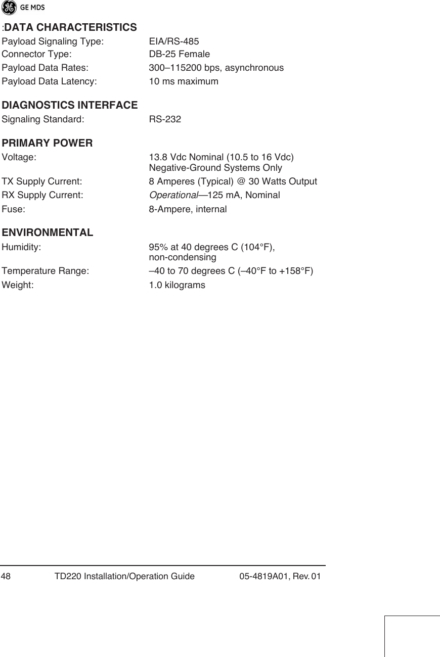 48 TD220 Installation/Operation Guide 05-4819A01, Rev. 01 :DATA CHARACTERISTICSPayload Signaling Type: EIA/RS-485Connector Type: DB-25 FemalePayload Data Rates: 300–115200 bps, asynchronousPayload Data Latency: 10 ms maximumDIAGNOSTICS INTERFACESignaling Standard: RS-232PRIMARY POWERVoltage: 13.8 Vdc Nominal (10.5 to 16 Vdc)Negative-Ground Systems OnlyTX Supply Current: 8 Amperes (Typical) @ 30 Watts OutputRX Supply Current: Operational—125 mA, NominalFuse: 8-Ampere, internalENVIRONMENTALHumidity: 95% at 40 degrees C (104°F), non-condensingTemperature Range: –40 to 70 degrees C (–40°F to +158°F)Weight: 1.0 kilograms