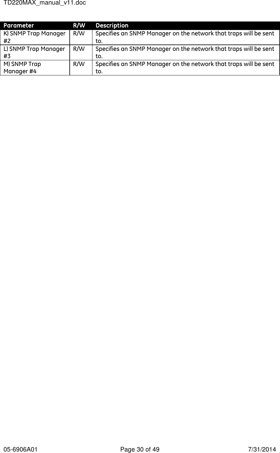 TD220MAX_manual_v11.doc 05-6906A01  Page 30 of 49  7/31/2014 Parameter R/W Description K) SNMP Trap Manager #2 R/W Specifies an SNMP Manager on the network that traps will be sent to.   L) SNMP Trap Manager #3 R/W Specifies an SNMP Manager on the network that traps will be sent to.   M) SNMP Trap Manager #4 R/W Specifies an SNMP Manager on the network that traps will be sent to.    