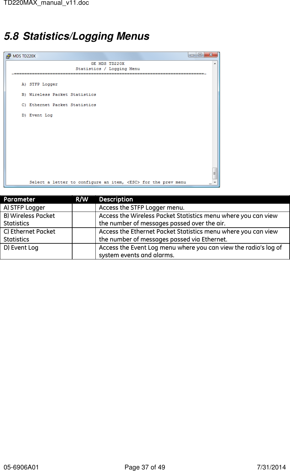 TD220MAX_manual_v11.doc 05-6906A01  Page 37 of 49  7/31/2014 5.8 Statistics/Logging Menus    Parameter R/W Description A) STFP Logger  Access the STFP Logger menu. B) Wireless Packet Statistics  Access the Wireless Packet Statistics menu where you can view the number of messages passed over the air. C) Ethernet Packet Statistics  Access the Ethernet Packet Statistics menu where you can view the number of messages passed via Ethernet. D) Event Log  Access the Event Log menu where you can view the radio’s log of system events and alarms.  