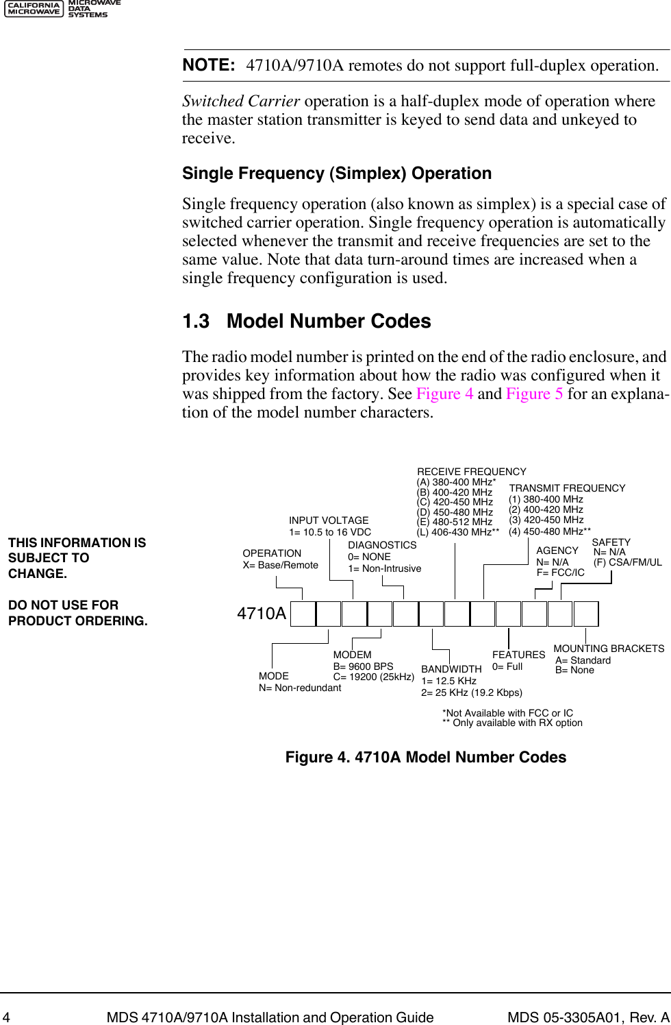  4 MDS 4710A/9710A Installation and Operation Guide  MDS 05-3305A01, Rev. A NOTE: 4710A/9710A remotes do not support full-duplex operation. Switched Carrier  operation is a half-duplex mode of operation where the master station transmitter is keyed to send data and unkeyed to receive. Single Frequency (Simplex) Operation Single frequency operation (also known as simplex) is a special case of switched carrier operation. Single frequency operation is automatically selected whenever the transmit and receive frequencies are set to the same value. Note that data turn-around times are increased when a single frequency configuration is used. 1.3 Model Number Codes The radio model number is printed on the end of the radio enclosure, and provides key information about how the radio was configured when it was shipped from the factory. See Figure 4 and Figure 5 for an explana-tion of the model number characters. Invisible place holder Figure 4. 4710A Model Number CodesTHIS INFORMATION IS SUBJECT TO CHANGE.DO NOT USE FOR PRODUCT ORDERING. 4710AOPERATIONX= Base/RemoteMODEN= Non-redundantINPUT VOLTAGE1= 10.5 to 16 VDCMODEMB= 9600 BPSDIAGNOSTICS0= NONE1= Non-IntrusiveBANDWIDTH1= 12.5 KHz2= 25 KHz (19.2 Kbps)FEATURES0= FullAGENCYN= N/ASAFETYN= N/AMOUNTING BRACKETSA= StandardB= NoneC= 19200 (25kHz)RECEIVE FREQUENCY(A) 380-400 MHz* (B) 400-420 MHz(C) 420-450 MHz(D) 450-480 MHz(E) 480-512 MHz(L) 406-430 MHz**TRANSMIT FREQUENCY(1) 380-400 MHz*Not Available with FCC or IC(2) 400-420 MHz(3) 420-450 MHz(4) 450-480 MHz**** Only available with RX optionF= FCC/IC(F) CSA/FM/UL