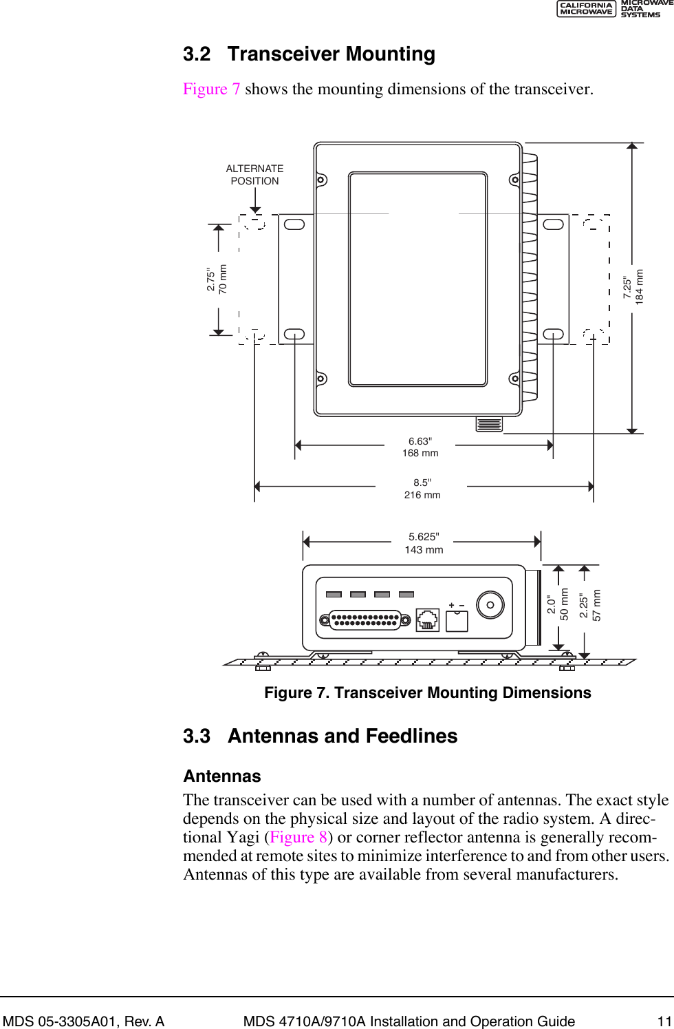 MDS 05-3305A01, Rev. A MDS 4710A/9710A Installation and Operation Guide 113.2 Transceiver MountingFigure 7 shows the mounting dimensions of the transceiver.Invisible place holderFigure 7. Transceiver Mounting Dimensions3.3 Antennas and FeedlinesAntennasThe transceiver can be used with a number of antennas. The exact style depends on the physical size and layout of the radio system. A direc-tional Yagi (Figure 8) or corner reflector antenna is generally recom-mended at remote sites to minimize interference to and from other users. Antennas of this type are available from several manufacturers.8.5&quot;216 mm1.75&quot;4.44 CM6.63&quot;168 mm2.75&quot;70 mm7.25&quot;184 mmALTERNATEPOSITION5.625&quot;143 mm2.25&quot;57 mm2.0&quot;50 mm