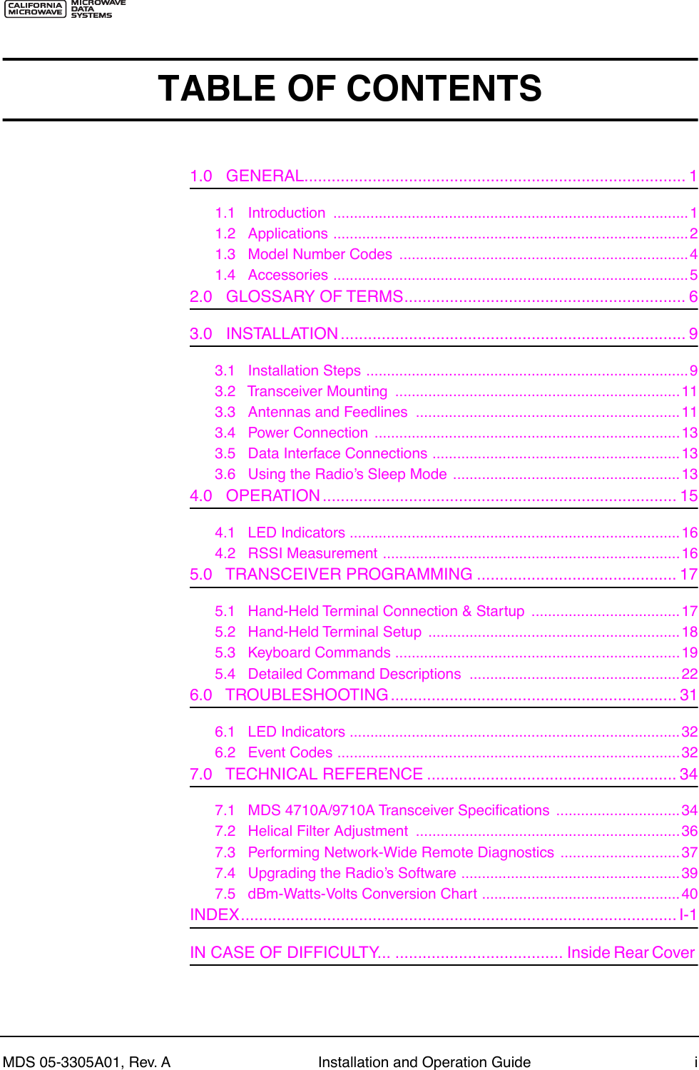  MDS 05-3305A01, Rev. A Installation and Operation Guide i TABLE OF CONTENTS 1.0   GENERAL.................................................................................... 1 1.1   Introduction  ......................................................................................11.2   Applications ......................................................................................21.3   Model Number Codes  ......................................................................41.4   Accessories ...................................................................................... 5 2.0   GLOSSARY OF TERMS.............................................................. 6 3.0   INSTALLATION............................................................................ 9 3.1   Installation Steps ..............................................................................93.2   Transceiver Mounting  .....................................................................113.3   Antennas and Feedlines  ................................................................113.4   Power Connection  ..........................................................................133.5   Data Interface Connections ............................................................133.6   Using the RadioÕs Sleep Mode  .......................................................13 4.0   OPERATION .............................................................................. 15 4.1   LED Indicators ................................................................................164.2   RSSI Measurement ........................................................................ 16 5.0   TRANSCEIVER PROGRAMMING ............................................ 17 5.1   Hand-Held Terminal Connection &amp; Startup  ....................................175.2   Hand-Held Terminal Setup  ............................................................. 185.3   Keyboard Commands .....................................................................195.4   Detailed Command Descriptions  ...................................................22 6.0   TROUBLESHOOTING ............................................................... 31 6.1   LED Indicators ................................................................................326.2   Event Codes ...................................................................................32 7.0   TECHNICAL REFERENCE ....................................................... 34 7.1   MDS 4710A/9710A Transceiver SpeciÞcations  ..............................347.2   Helical Filter Adjustment  ................................................................367.3   Performing Network-Wide Remote Diagnostics  ............................. 377.4   Upgrading the RadioÕs Software ..................................................... 397.5   dBm-Watts-Volts Conversion Chart ................................................40 INDEX................................................................................................ I-1 IN CASE OF DIFFICULTY... ..................................... Inside Rear Cover 