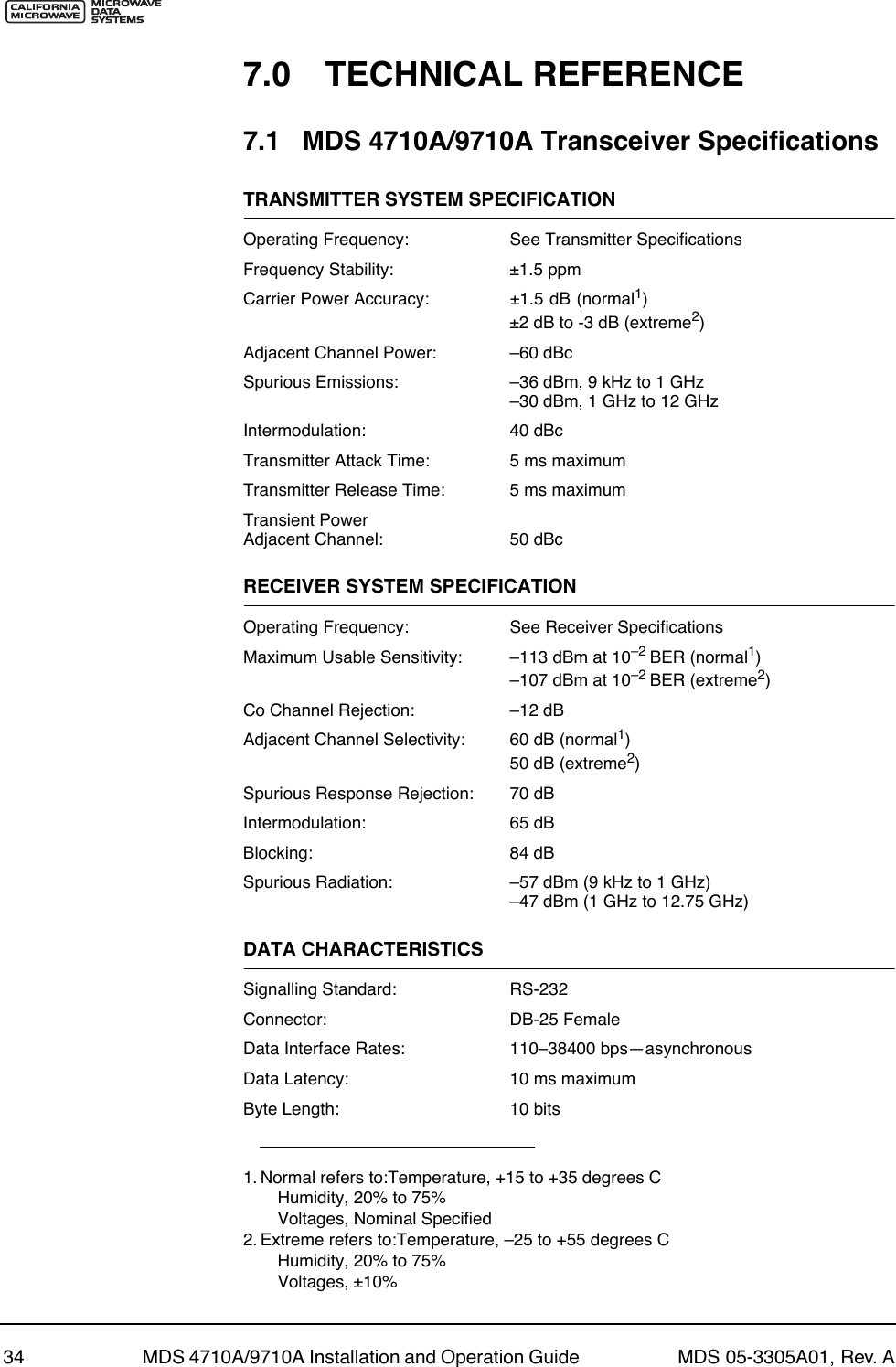 34 MDS 4710A/9710A Installation and Operation Guide  MDS 05-3305A01, Rev. A7.0 TECHNICAL REFERENCE7.1 MDS 4710A/9710A Transceiver SpecificationsTRANSMITTER SYSTEM SPECIFICATIONOperating Frequency: See Transmitter SpecificationsFrequency Stability: ±1.5 ppmCarrier Power Accuracy: ±1.5 dB (normal1) ±2 dB to -3 dB (extreme2)Adjacent Channel Power: Ð60 dBcSpurious Emissions: Ð36 dBm, 9 kHz to 1 GHzÐ30 dBm, 1 GHz to 12 GHzIntermodulation: 40 dBcTransmitter Attack Time: 5 ms maximumTransmitter Release Time: 5 ms maximumTransient Power Adjacent Channel: 50 dBcRECEIVER SYSTEM SPECIFICATIONOperating Frequency: See Receiver SpecificationsMaximum Usable Sensitivity: Ð113 dBm at 10Ð2 BER (normal1) Ð107 dBm at 10Ð2 BER (extreme2)Co Channel Rejection: Ð12 dBAdjacent Channel Selectivity: 60 dB (normal1)50 dB (extreme2)Spurious Response Rejection: 70 dBIntermodulation: 65 dBBlocking: 84 dBSpurious Radiation: Ð57 dBm (9 kHz to 1 GHz)Ð47 dBm (1 GHz to 12.75 GHz)DATA CHARACTERISTICSSignalling Standard: RS-232Connector: DB-25 FemaleData Interface Rates: 110Ð38400 bpsÑasynchronousData Latency: 10 ms maximumByte Length: 10 bits1. Normal refers to:Temperature, +15 to +35 degrees CHumidity, 20% to 75%Voltages, Nominal Specified2. Extreme refers to:Temperature, Ð25 to +55 degrees CHumidity, 20% to 75%Voltages, ±10%