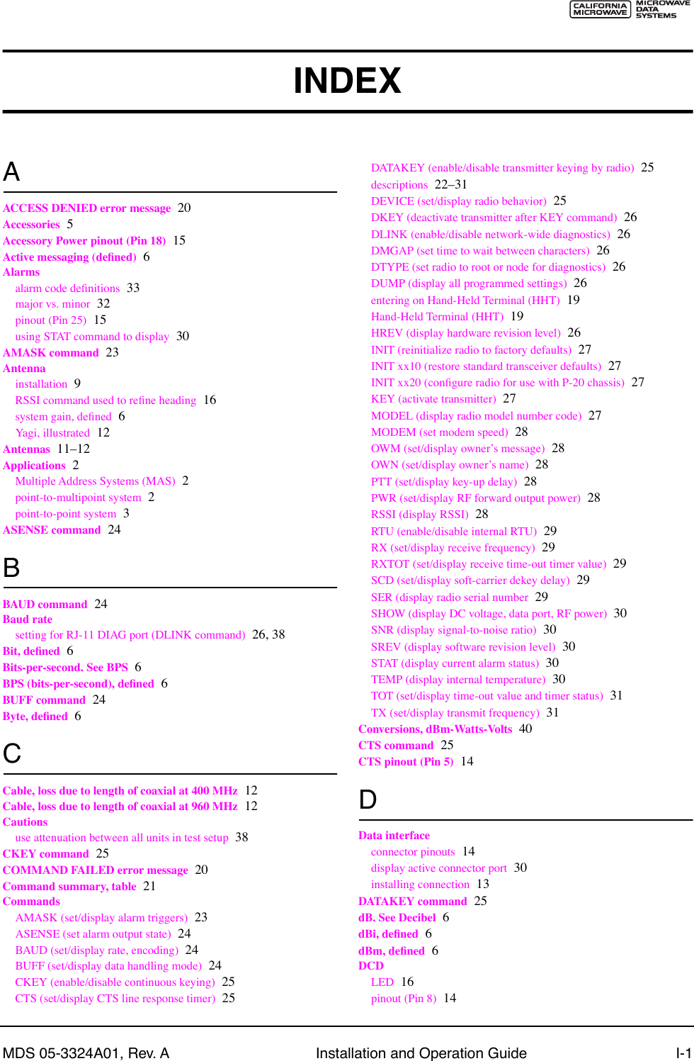 MDS 05-3324A01, Rev. A Installation and Operation Guide I-1INDEXAACCESS DENIED error message 20Accessories 5Accessory Power pinout (Pin 18) 15Active messaging (deÞned) 6Alarmsalarm code deÞnitions 33major vs. minor 32pinout (Pin 25) 15using STAT command to display 30AMASK command 23Antennainstallation 9RSSI command used to reÞne heading 16system gain, deÞned 6Yagi, illustrated 12Antennas 11Ð12Applications 2Multiple Address Systems (MAS) 2point-to-multipoint system 2point-to-point system 3ASENSE command 24BBAUD command 24Baud ratesetting for RJ-11 DIAG port (DLINK command) 26, 38Bit, deÞned 6Bits-per-second. See BPS 6BPS (bits-per-second), deÞned 6BUFF command 24Byte, deÞned 6CCable, loss due to length of coaxial at 400 MHz 12Cable, loss due to length of coaxial at 960 MHz 12Cautionsuse attenuation between all units in test setup 38CKEY command 25COMMAND FAILED error message 20Command summary, table 21CommandsAMASK (set/display alarm triggers) 23ASENSE (set alarm output state) 24BAUD (set/display rate, encoding) 24BUFF (set/display data handling mode) 24CKEY (enable/disable continuous keying) 25CTS (set/display CTS line response timer) 25DATAKEY (enable/disable transmitter keying by radio) 25descriptions 22Ð31DEVICE (set/display radio behavior) 25DKEY (deactivate transmitter after KEY command) 26DLINK (enable/disable network-wide diagnostics) 26DMGAP (set time to wait between characters) 26DTYPE (set radio to root or node for diagnostics) 26DUMP (display all programmed settings) 26entering on Hand-Held Terminal (HHT) 19Hand-Held Terminal (HHT) 19HREV (display hardware revision level) 26INIT (reinitialize radio to factory defaults) 27INIT xx10 (restore standard transceiver defaults) 27INIT xx20 (conÞgure radio for use with P-20 chassis) 27KEY (activate transmitter) 27MODEL (display radio model number code) 27MODEM (set modem speed) 28OWM (set/display ownerÕs message) 28OWN (set/display ownerÕs name) 28PTT (set/display key-up delay) 28PWR (set/display RF forward output power) 28RSSI (display RSSI) 28RTU (enable/disable internal RTU) 29RX (set/display receive frequency) 29RXTOT (set/display receive time-out timer value) 29SCD (set/display soft-carrier dekey delay) 29SER (display radio serial number 29SHOW (display DC voltage, data port, RF power) 30SNR (display signal-to-noise ratio) 30SREV (display software revision level) 30STAT (display current alarm status) 30TEMP (display internal temperature) 30TOT (set/display time-out value and timer status) 31TX (set/display transmit frequency) 31Conversions, dBm-Watts-Volts 40CTS command 25CTS pinout (Pin 5) 14DData interfaceconnector pinouts 14display active connector port 30installing connection 13DATAKEY command 25dB. See Decibel 6dBi, deÞned 6dBm, deÞned 6DCDLED 16pinout (Pin 8) 14