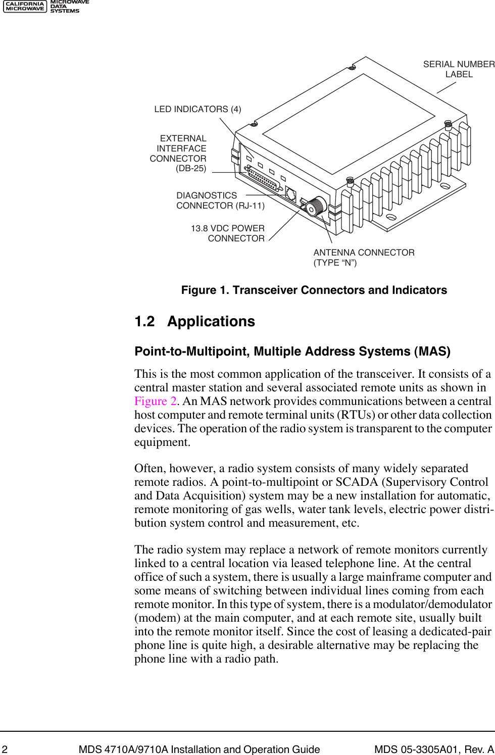  2 MDS 4710A/9710A Installation and Operation Guide  MDS 05-3305A01, Rev. A Invisible place holder Figure 1. Transceiver Connectors and Indicators 1.2 Applications Point-to-Multipoint, Multiple Address Systems (MAS) This is the most common application of the transceiver. It consists of a central master station and several associated remote units as shown in Figure 2. An MAS network provides communications between a central host computer and remote terminal units (RTUs) or other data collection devices. The operation of the radio system is transparent to the computer equipment.Often, however, a radio system consists of many widely separated remote radios. A point-to-multipoint or SCADA (Supervisory Control and Data Acquisition) system may be a new installation for automatic, remote monitoring of gas wells, water tank levels, electric power distri-bution system control and measurement, etc.The radio system may replace a network of remote monitors currently linked to a central location via leased telephone line. At the central office of such a system, there is usually a large mainframe computer and some means of switching between individual lines coming from each remote monitor. In this type of system, there is a modulator/demodulator (modem) at the main computer, and at each remote site, usually built into the remote monitor itself. Since the cost of leasing a dedicated-pair phone line is quite high, a desirable alternative may be replacing the phone line with a radio path.EXTERNAL INTERFACECONNECTOR(DB-25)DIAGNOSTICS CONNECTOR (RJ-11)13.8 VDC POWER CONNECTORANTENNA CONNECTOR(TYPE ÒNÓ)SERIAL NUMBERLABELLED INDICATORS (4)