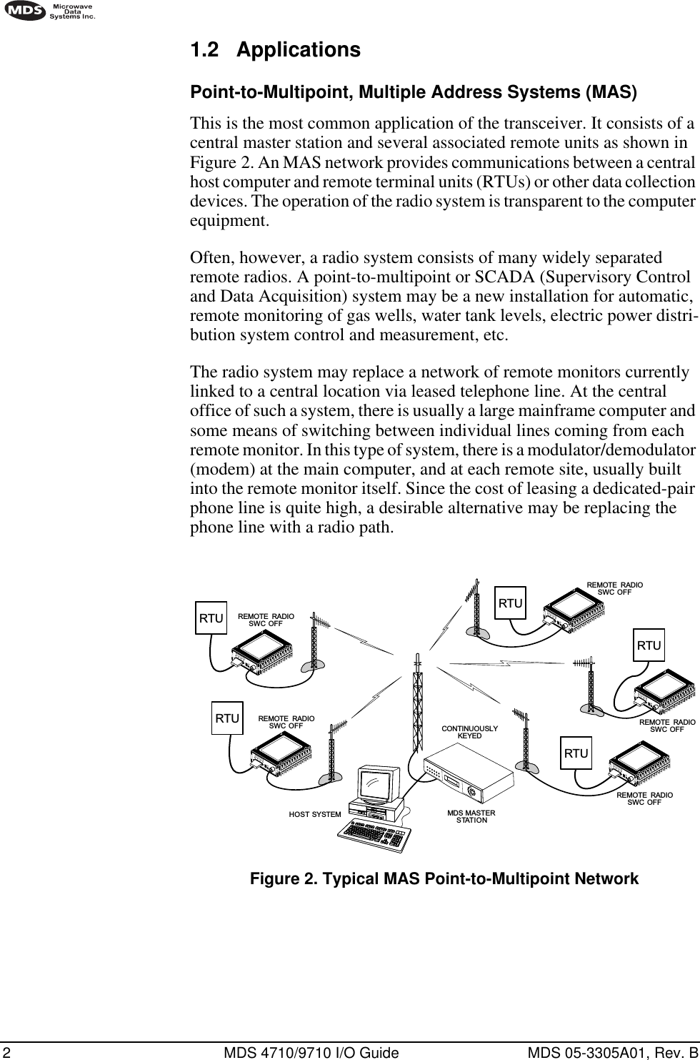  2 MDS 4710/9710 I/O Guide MDS 05-3305A01, Rev. B        1.2 Applications Point-to-Multipoint, Multiple Address Systems (MAS) This is the most common application of the transceiver. It consists of a central master station and several associated remote units as shown in Figure 2. An MAS network provides communications between a central host computer and remote terminal units (RTUs) or other data collection devices. The operation of the radio system is transparent to the computer equipment.Often, however, a radio system consists of many widely separated remote radios. A point-to-multipoint or SCADA (Supervisory Control and Data Acquisition) system may be a new installation for automatic, remote monitoring of gas wells, water tank levels, electric power distri-bution system control and measurement, etc.The radio system may replace a network of remote monitors currently linked to a central location via leased telephone line. At the central office of such a system, there is usually a large mainframe computer and some means of switching between individual lines coming from each remote monitor. In this type of system, there is a modulator/demodulator (modem) at the main computer, and at each remote site, usually built into the remote monitor itself. Since the cost of leasing a dedicated-pair phone line is quite high, a desirable alternative may be replacing the phone line with a radio path. Invisible place holder Figure 2. Typical MAS Point-to-Multipoint NetworkIDIAG13.8 VDCPWR+      HOST  SYSTEMREMOTE  RADIOSWC OFFRTURTURTURTUIDIAG13.8 VDCPWR+      IDIAG13.8 VDCPWR+      IDIAG13.8 VDCPWR+      IDIAG13.8 VDCPWR+      RTUMDS MASTERSTATIONCONTINUOUSLYKEYEDREMOTE  RADIOSWC OFFREMOTE  RADIOSWC OFFREMOTE  RADIOSWC OFFREMOTE  RADIOSWC OFF