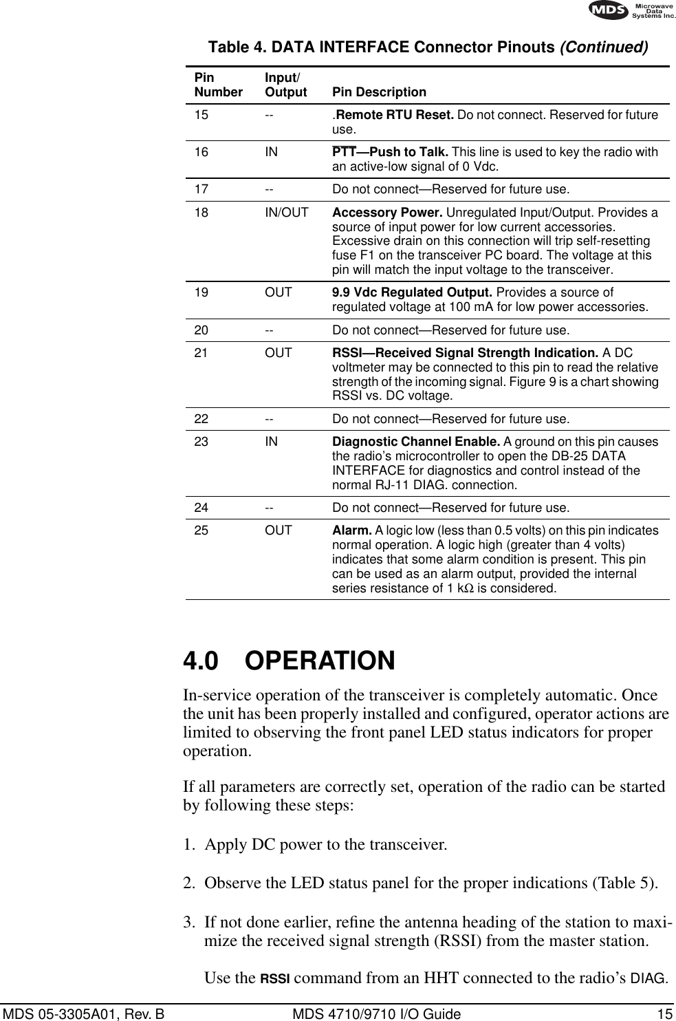 MDS 05-3305A01, Rev. B MDS 4710/9710 I/O Guide 15Invisible place holder4.0 OPERATIONIn-service operation of the transceiver is completely automatic. Once the unit has been properly installed and configured, operator actions are limited to observing the front panel LED status indicators for proper operation.If all parameters are correctly set, operation of the radio can be started by following these steps:1. Apply DC power to the transceiver.2. Observe the LED status panel for the proper indications (Table 5).3. If not done earlier, reﬁne the antenna heading of the station to maxi-mize the received signal strength (RSSI) from the master station.Use the RSSI command from an HHT connected to the radio’s DIAG. 15 -- .Remote RTU Reset. Do not connect. Reserved for future use.16 IN PTT—Push to Talk. This line is used to key the radio with an active-low signal of 0 Vdc. 17 -- Do not connect—Reserved for future use.18 IN/OUT Accessory Power. Unregulated Input/Output. Provides a source of input power for low current accessories. Excessive drain on this connection will trip self-resetting fuse F1 on the transceiver PC board. The voltage at this pin will match the input voltage to the transceiver.19 OUT 9.9 Vdc Regulated Output. Provides a source of regulated voltage at 100 mA for low power accessories.20 -- Do not connect—Reserved for future use.21 OUT RSSI—Received Signal Strength Indication. A DC voltmeter may be connected to this pin to read the relative strength of the incoming signal. Figure 9 is a chart showing RSSI vs. DC voltage.22 -- Do not connect—Reserved for future use.23 IN Diagnostic Channel Enable. A ground on this pin causes the radio’s microcontroller to open the DB-25 DATA INTERFACE for diagnostics and control instead of the normal RJ-11 DIAG. connection.24 -- Do not connect—Reserved for future use.25 OUT Alarm. A logic low (less than 0.5 volts) on this pin indicates normal operation. A logic high (greater than 4 volts) indicates that some alarm condition is present. This pin can be used as an alarm output, provided the internal series resistance of 1 kΩ is considered.Table 4. DATA INTERFACE Connector Pinouts (Continued)PinNumber Input/Output Pin Description