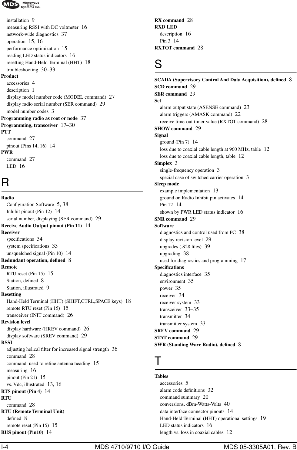 I-4 MDS 4710/9710 I/O Guide MDS 05-3305A01, Rev. Binstallation 9measuring RSSI with DC voltmeter 16network-wide diagnostics 37operation 15, 16performance optimization 15reading LED status indicators 16resetting Hand-Held Terminal (HHT) 18troubleshooting 30–33Productaccessories 4description 1display model number code (MODEL command) 27display radio serial number (SER command) 29model number codes 3Programming radio as root or node 37Programming, transceiver 17–30PTTcommand 27pinout (Pins 14, 16) 14PWRcommand 27LED 16RRadioConﬁguration Software 5, 38Inhibit pinout (Pin 12) 14serial number, displaying (SER command) 29Receive Audio Output pinout (Pin 11) 14Receiverspeciﬁcations 34system speciﬁcations 33unsquelched signal (Pin 10) 14Redundant operation, deﬁned 8RemoteRTU reset (Pin 15) 15Station, deﬁned 8Station, illustrated 9ResettingHand-Held Terminal (HHT) (SHIFT,CTRL,SPACE keys) 18remote RTU reset (Pin 15) 15transceiver (INIT command) 26Revision leveldisplay hardware (HREV command) 26display software (SREV command) 29RSSIadjusting helical ﬁlter for increased signal strength 36command 28command, used to reﬁne antenna heading 15measuring 16pinout (Pin 21) 15vs. Vdc, illustrated 13, 16RTS pinout (Pin 4) 14RTUcommand 28RTU (Remote Terminal Unit)deﬁned 8remote reset (Pin 15) 15RUS pinout (Pin10) 14RX command 28RXD LEDdescription 16Pin 3 14RXTOT command 28SSCADA (Supervisory Control And Data Acquisition), deﬁned 8SCD command 29SER command 29Setalarm output state (ASENSE command) 23alarm triggers (AMASK command) 22receive time-out timer value (RXTOT command) 28SHOW command 29Signalground (Pin 7) 14loss due to coaxial cable length at 960 MHz, table 12loss due to coaxial cable length, table 12Simplex 3single-frequency operation 3special case of switched carrier operation 3Sleep modeexample implementation 13ground on Radio Inhibit pin activates 14Pin 12 14shown by PWR LED status indicator 16SNR command 29Softwarediagnostics and control used from PC 38display revision level 29upgrades (.S28 ﬁles) 39upgrading 38used for diagnostics and programming 17Speciﬁcationsdiagnostics interface 35environment 35power 35receiver 34receiver system 33transceiver 33–35transmitter 34transmitter system 33SREV command 29STAT command 29SWR (Standing Wave Radio), deﬁned 8TTablesaccessories 5alarm code deﬁnitions 32command summary 20conversions, dBm-Watts-Volts 40data interface connector pinouts 14Hand-Held Terminal (HHT) operational settings 19LED status indicators 16length vs. loss in coaxial cables 12