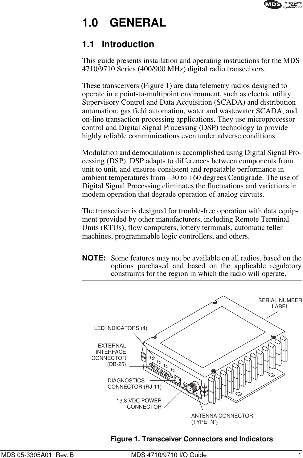  MDS 05-3305A01, Rev. B MDS 4710/9710 I/O Guide 1        1.0 GENERAL 1.1 Introduction This guide presents installation and operating instructions for the MDS 4710/9710 Series (400/900 MHz) digital radio transceivers.These transceivers (Figure 1) are data telemetry radios designed to operate in a point-to-multipoint environment, such as electric utility Supervisory Control and Data Acquisition (SCADA) and distribution automation, gas field automation, water and wastewater SCADA, and on-line transaction processing applications. They use microprocessor control and Digital Signal Processing (DSP) technology to provide highly reliable communications even under adverse conditions.Modulation and demodulation is accomplished using Digital Signal Pro-cessing (DSP). DSP adapts to differences between components from unit to unit, and ensures consistent and repeatable performance in ambient temperatures from –30 to +60 degrees Centigrade. The use of Digital Signal Processing eliminates the fluctuations and variations in modem operation that degrade operation of analog circuits.The transceiver is designed for trouble-free operation with data equip-ment provided by other manufacturers, including Remote Terminal Units (RTUs), flow computers, lottery terminals, automatic teller machines, programmable logic controllers, and others. NOTE: Some features may not be available on all radios, based on theoptions purchased and based on the applicable regulatory constraints for the region in which the radio will operate. Invisible place holder Figure 1. Transceiver Connectors and IndicatorsEXTERNAL INTERFACECONNECTOR(DB-25)DIAGNOSTICS CONNECTOR (RJ-11)13.8 VDC POWER CONNECTORANTENNA CONNECTOR(TYPE “N”)SERIAL NUMBERLABELLED INDICATORS (4)