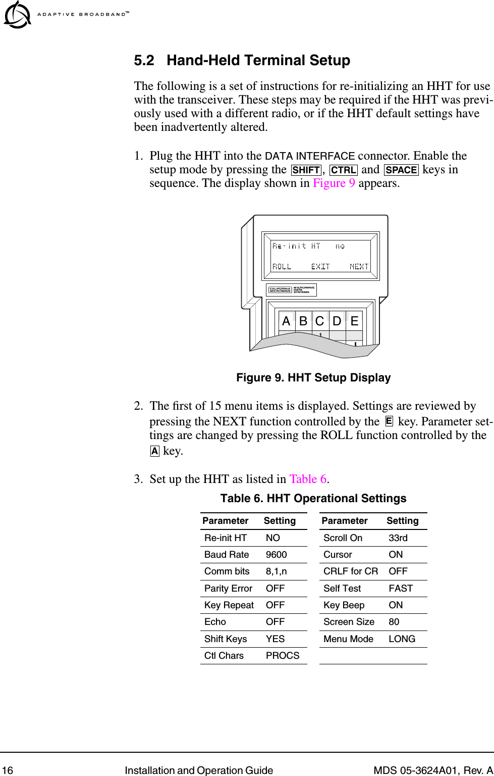 16 Installation and Operation Guide  MDS 05-3624A01, Rev. A5.2 Hand-Held Terminal SetupThe following is a set of instructions for re-initializing an HHT for use with the transceiver. These steps may be required if the HHT was previ-ously used with a different radio, or if the HHT default settings have been inadvertently altered.1. Plug the HHT into the DATA INTERFACE connector. Enable the setup mode by pressing the  ,   and   keys in sequence. The display shown in Figure 9 appears.Invisible place holderFigure 9. HHT Setup Display2. The ﬁrst of 15 menu items is displayed. Settings are reviewed by pressing the NEXT function controlled by the   key. Parameter set-tings are changed by pressing the ROLL function controlled by the  key.3. Set up the HHT as listed in Table 6.Table 6. HHT Operational Settings  Parameter Setting Parameter SettingRe-init HT NO Scroll On 33rdBaud Rate 9600 Cursor ONComm bits 8,1,n CRLF for CR OFFParity Error OFF Self Test FASTKey Repeat OFF Key Beep ONEcho OFF Screen Size 80Shift Keys  YES Menu Mode LONGCtl Chars PROCSSHIFT CTRL SPACEFF1FFFBCDEAEA