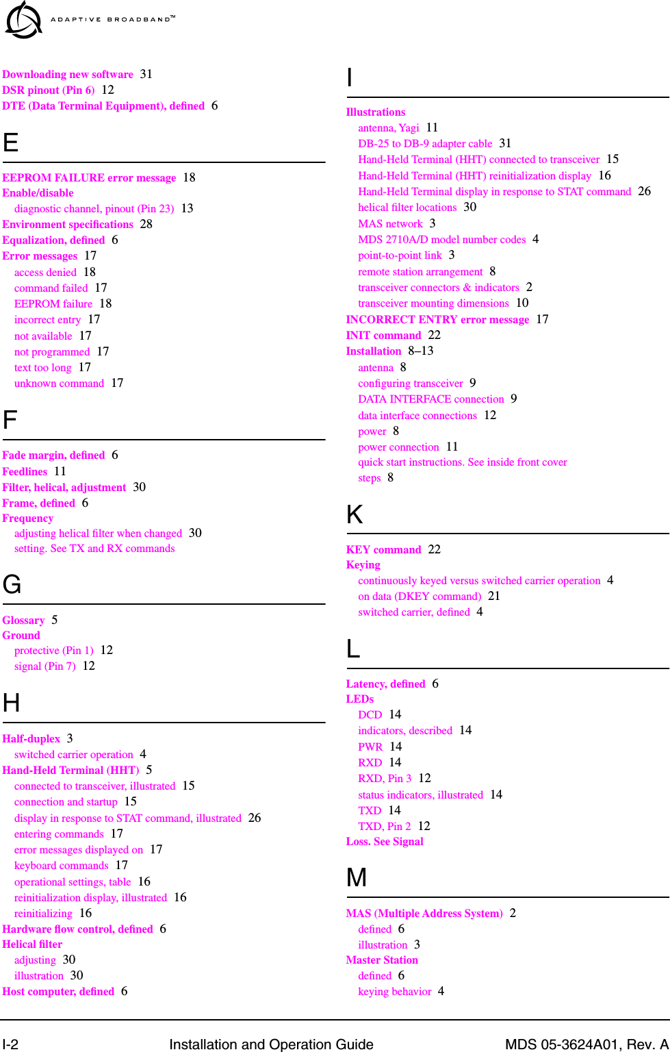 I-2 Installation and Operation Guide MDS 05-3624A01, Rev. ADownloading new software 31DSR pinout (Pin 6) 12DTE (Data Terminal Equipment), deﬁned 6EEEPROM FAILURE error message 18Enable/disablediagnostic channel, pinout (Pin 23) 13Environment speciﬁcations 28Equalization, deﬁned 6Error messages 17access denied 18command failed 17EEPROM failure 18incorrect entry 17not available 17not programmed 17text too long 17unknown command 17FFade margin, deﬁned 6Feedlines 11Filter, helical, adjustment 30Frame, deﬁned 6Frequencyadjusting helical ﬁlter when changed 30setting. See TX and RX commandsGGlossary 5Groundprotective (Pin 1) 12signal (Pin 7) 12HHalf-duplex 3switched carrier operation 4Hand-Held Terminal (HHT) 5connected to transceiver, illustrated 15connection and startup 15display in response to STAT command, illustrated 26entering commands 17error messages displayed on 17keyboard commands 17operational settings, table 16reinitialization display, illustrated 16reinitializing 16Hardware ﬂow control, deﬁned 6Helical ﬁlteradjusting 30illustration 30Host computer, deﬁned 6IIllustrationsantenna, Yagi 11DB-25 to DB-9 adapter cable 31Hand-Held Terminal (HHT) connected to transceiver 15Hand-Held Terminal (HHT) reinitialization display 16Hand-Held Terminal display in response to STAT command 26helical ﬁlter locations 30MAS network 3MDS 2710A/D model number codes 4point-to-point link 3remote station arrangement 8transceiver connectors &amp; indicators 2transceiver mounting dimensions 10INCORRECT ENTRY error message 17INIT command 22Installation 8–13antenna 8conﬁguring transceiver 9DATA INTERFACE connection 9data interface connections 12power 8power connection 11quick start instructions. See inside front coversteps 8KKEY command 22Keyingcontinuously keyed versus switched carrier operation 4on data (DKEY command) 21switched carrier, deﬁned 4LLatency, deﬁned 6LEDsDCD 14indicators, described 14PWR 14RXD 14RXD, Pin 3 12status indicators, illustrated 14TXD 14TXD, Pin 2 12Loss. See SignalMMAS (Multiple Address System) 2deﬁned 6illustration 3Master Stationdeﬁned 6keying behavior 4