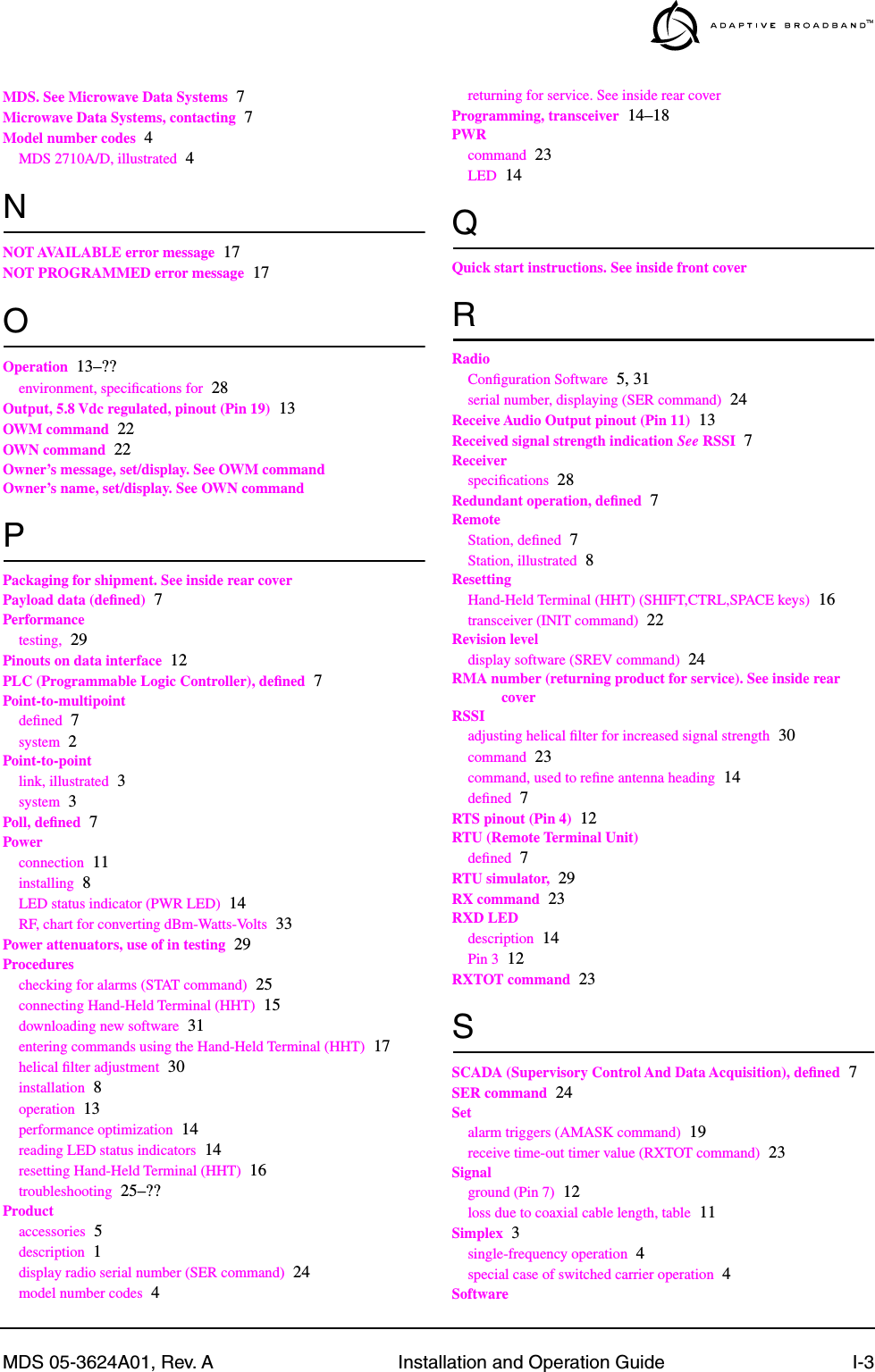 MDS 05-3624A01, Rev. A Installation and Operation Guide I-3MDS. See Microwave Data Systems 7Microwave Data Systems, contacting 7Model number codes 4MDS 2710A/D, illustrated 4NNOT AVAILABLE error message 17NOT PROGRAMMED error message 17OOperation 13–??environment, speciﬁcations for 28Output, 5.8 Vdc regulated, pinout (Pin 19) 13OWM command 22OWN command 22Owner’s message, set/display. See OWM commandOwner’s name, set/display. See OWN commandPPackaging for shipment. See inside rear coverPayload data (deﬁned) 7Performancetesting, 29Pinouts on data interface 12PLC (Programmable Logic Controller), deﬁned 7Point-to-multipointdeﬁned 7system 2Point-to-pointlink, illustrated 3system 3Poll, deﬁned 7Powerconnection 11installing 8LED status indicator (PWR LED) 14RF, chart for converting dBm-Watts-Volts 33Power attenuators, use of in testing 29Procedureschecking for alarms (STAT command) 25connecting Hand-Held Terminal (HHT) 15downloading new software 31entering commands using the Hand-Held Terminal (HHT) 17helical ﬁlter adjustment 30installation 8operation 13performance optimization 14reading LED status indicators 14resetting Hand-Held Terminal (HHT) 16troubleshooting 25–??Productaccessories 5description 1display radio serial number (SER command) 24model number codes 4returning for service. See inside rear coverProgramming, transceiver 14–18PWRcommand 23LED 14QQuick start instructions. See inside front coverRRadioConﬁguration Software 5, 31serial number, displaying (SER command) 24Receive Audio Output pinout (Pin 11) 13Received signal strength indication See RSSI 7Receiverspeciﬁcations 28Redundant operation, deﬁned 7RemoteStation, deﬁned 7Station, illustrated 8ResettingHand-Held Terminal (HHT) (SHIFT,CTRL,SPACE keys) 16transceiver (INIT command) 22Revision leveldisplay software (SREV command) 24RMA number (returning product for service). See inside rear coverRSSIadjusting helical ﬁlter for increased signal strength 30command 23command, used to reﬁne antenna heading 14deﬁned 7RTS pinout (Pin 4) 12RTU (Remote Terminal Unit)deﬁned 7RTU simulator, 29RX command 23RXD LEDdescription 14Pin 3 12RXTOT command 23SSCADA (Supervisory Control And Data Acquisition), deﬁned 7SER command 24Setalarm triggers (AMASK command) 19receive time-out timer value (RXTOT command) 23Signalground (Pin 7) 12loss due to coaxial cable length, table 11Simplex 3single-frequency operation 4special case of switched carrier operation 4Software