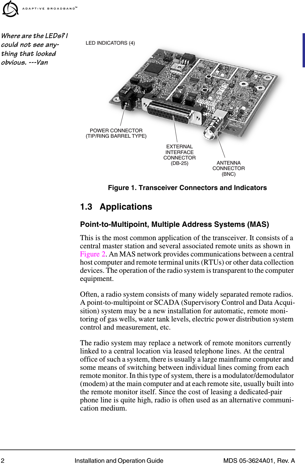  2 Installation and Operation Guide  MDS 05-3624A01, Rev. A Where are the LEDs? I could not see any-thing that looked obvious. ---Van Invisible place holder Figure 1. Transceiver Connectors and Indicators 1.3 Applications Point-to-Multipoint, Multiple Address Systems (MAS) This is the most common application of the transceiver. It consists of a central master station and several associated remote units as shown in Figure 2. An MAS network provides communications between a central host computer and remote terminal units (RTUs) or other data collection devices. The operation of the radio system is transparent to the computer equipment.Often, a radio system consists of many widely separated remote radios. A point-to-multipoint or SCADA (Supervisory Control and Data Acqui-sition) system may be a new installation for automatic, remote moni-toring of gas wells, water tank levels, electric power distribution system control and measurement, etc.The radio system may replace a network of remote monitors currently linked to a central location via leased telephone lines. At the central office of such a system, there is usually a large mainframe computer and some means of switching between individual lines coming from each remote monitor. In this type of system, there is a modulator/demodulator (modem) at the main computer and at each remote site, usually built into the remote monitor itself. Since the cost of leasing a dedicated-pair phone line is quite high, radio is often used as an alternative communi-cation medium.LED INDICATORS (4)EXTERNALINTERFACECONNECTOR(DB-25) ANTENNACONNECTOR(BNC)POWER CONNECTOR(TIP/RING BARREL TYPE)