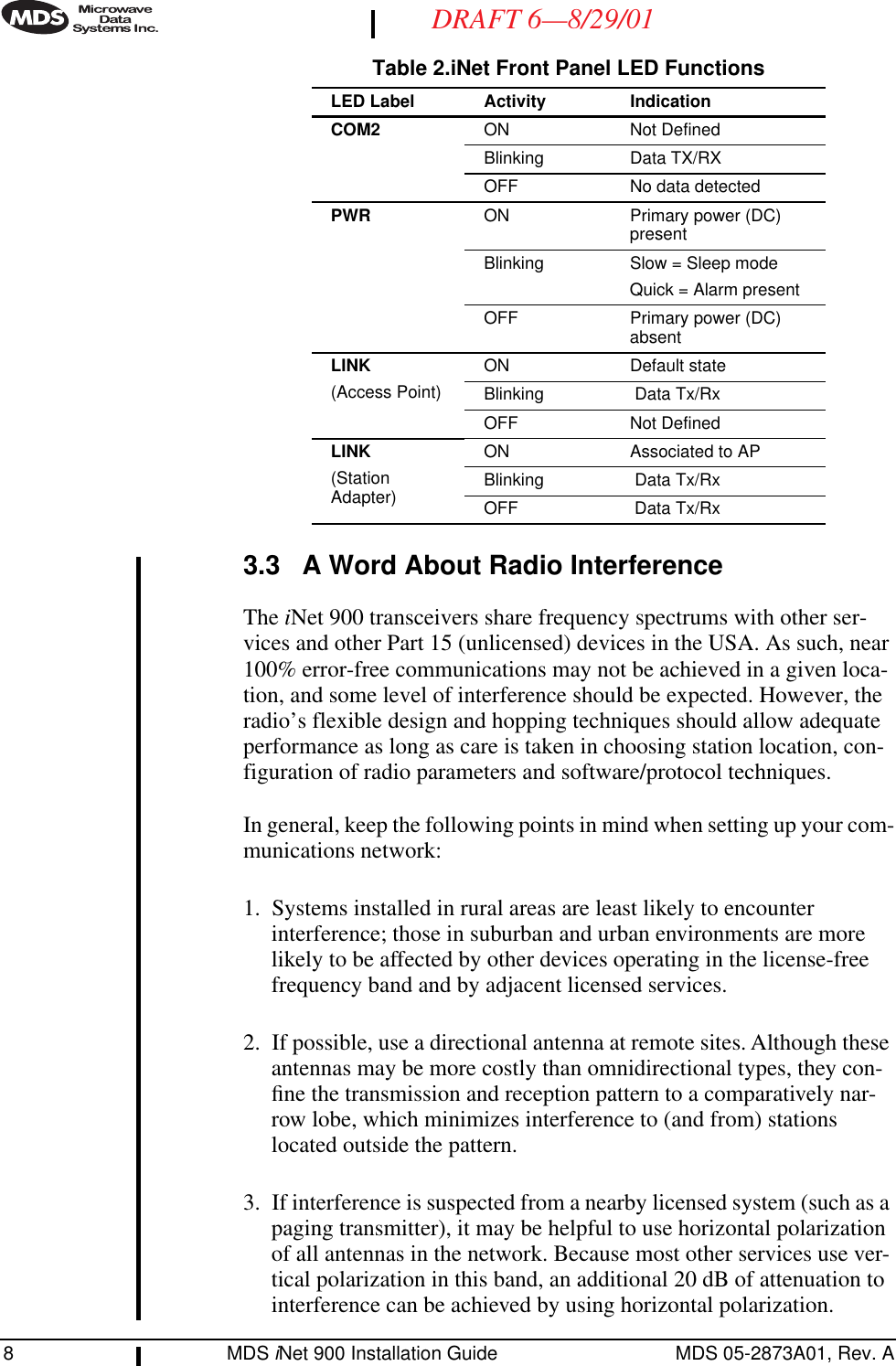 8 MDS iNet 900 Installation Guide MDS 05-2873A01, Rev. ADRAFT 6—8/29/013.3 A Word About Radio InterferenceThe iNet 900 transceivers share frequency spectrums with other ser-vices and other Part 15 (unlicensed) devices in the USA. As such, near 100% error-free communications may not be achieved in a given loca-tion, and some level of interference should be expected. However, the radio’s flexible design and hopping techniques should allow adequate performance as long as care is taken in choosing station location, con-figuration of radio parameters and software/protocol techniques.In general, keep the following points in mind when setting up your com-munications network:1. Systems installed in rural areas are least likely to encounter interference; those in suburban and urban environments are more likely to be affected by other devices operating in the license-free frequency band and by adjacent licensed services.2. If possible, use a directional antenna at remote sites. Although these antennas may be more costly than omnidirectional types, they con-ﬁne the transmission and reception pattern to a comparatively nar-row lobe, which minimizes interference to (and from) stations located outside the pattern. 3. If interference is suspected from a nearby licensed system (such as a paging transmitter), it may be helpful to use horizontal polarization of all antennas in the network. Because most other services use ver-tical polarization in this band, an additional 20 dB of attenuation to interference can be achieved by using horizontal polarization.COM2 ON Not DefinedBlinking Data TX/RXOFF No data detectedPWR ON Primary power (DC) presentBlinking Slow = Sleep modeQuick = Alarm presentOFF Primary power (DC) absentLINK(Access Point)ON Default stateBlinking  Data Tx/RxOFF Not DefinedLINK(Station Adapter)ON Associated to APBlinking  Data Tx/RxOFF  Data Tx/RxTable 2.iNet Front Panel LED FunctionsLED Label  Activity Indication