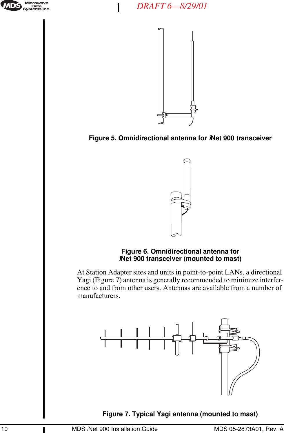 10 MDS iNet 900 Installation Guide MDS 05-2873A01, Rev. ADRAFT 6—8/29/01Invisible place holderFigure 5. Omnidirectional antenna for iNet 900 transceiverInvisible place holderFigure 6. Omnidirectional antenna foriNet 900 transceiver (mounted to mast)At Station Adapter sites and units in point-to-point LANs, a directional Yagi (Figure 7) antenna is generally recommended to minimize interfer-ence to and from other users. Antennas are available from a number of manufacturers.Invisible place holderFigure 7. Typical Yagi antenna (mounted to mast)