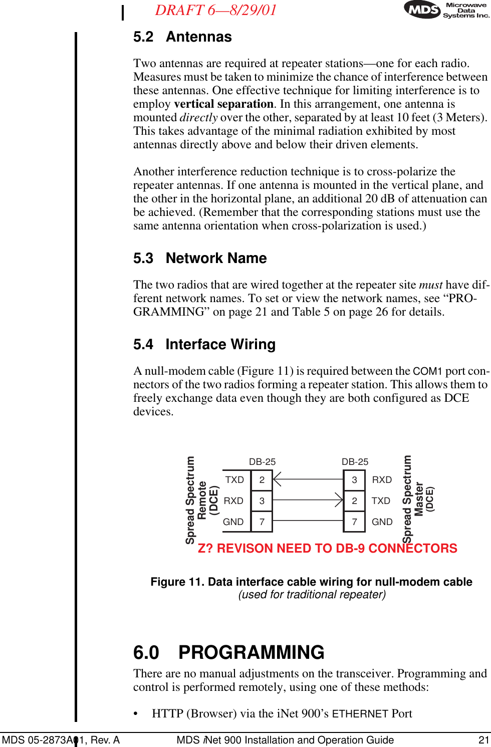 MDS 05-2873A01, Rev. A MDS iNet 900 Installation and Operation Guide 21DRAFT 6—8/29/015.2 AntennasTwo antennas are required at repeater stations—one for each radio. Measures must be taken to minimize the chance of interference between these antennas. One effective technique for limiting interference is to employ vertical separation. In this arrangement, one antenna is mounted directly over the other, separated by at least 10 feet (3 Meters). This takes advantage of the minimal radiation exhibited by most antennas directly above and below their driven elements.Another interference reduction technique is to cross-polarize the repeater antennas. If one antenna is mounted in the vertical plane, and the other in the horizontal plane, an additional 20 dB of attenuation can be achieved. (Remember that the corresponding stations must use the same antenna orientation when cross-polarization is used.)5.3 Network NameThe two radios that are wired together at the repeater site must have dif-ferent network names. To set or view the network names, see “PRO-GRAMMING” on page 21 and Table 5 on page 26 for details.5.4 Interface WiringA null-modem cable (Figure 11) is required between the COM1 port con-nectors of the two radios forming a repeater station. This allows them to freely exchange data even though they are both configured as DCE devices.Invisible place holderFigure 11. Data interface cable wiring for null-modem cable(used for traditional repeater)6.0 PROGRAMMING There are no manual adjustments on the transceiver. Programming and control is performed remotely, using one of these methods:• HTTP (Browser) via the iNet 900’s ETHERNET PortDB-25 DB-25Spread Spectrum Master(DCE)237327Spread Spectrum Remote(DCE)TXDRXDGNDRXDTXDGNDZ? REVISON NEED TO DB-9 CONNECTORS