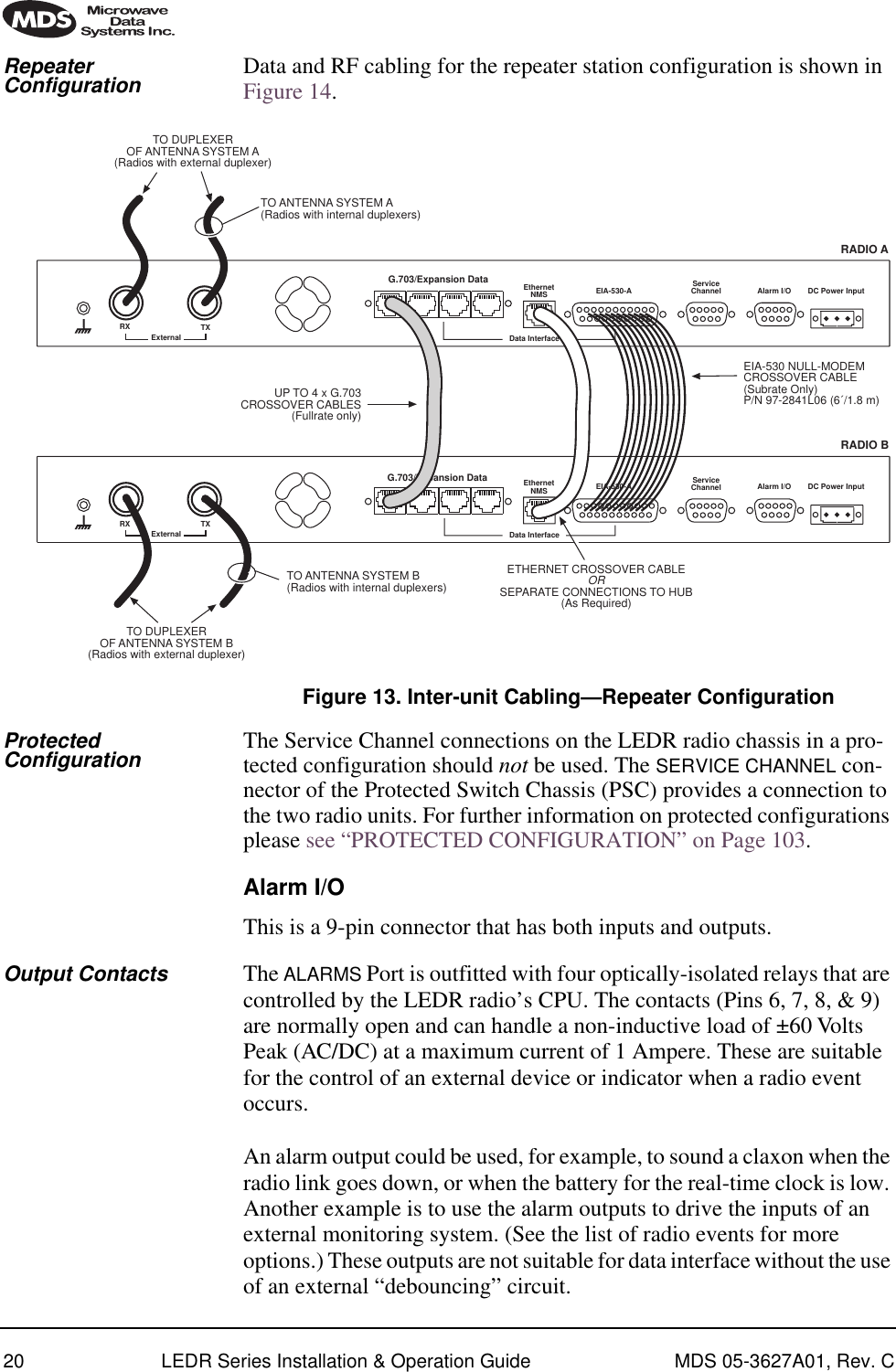 20 LEDR Series Installation &amp; Operation Guide MDS 05-3627A01, Rev. CRepeater Configuration Data and RF cabling for the repeater station configuration is shown in Figure 14. Figure 13. Inter-unit Cabling—Repeater ConfigurationProtected Configuration The Service Channel connections on the LEDR radio chassis in a pro-tected configuration should not be used. The SERVICE CHANNEL con-nector of the Protected Switch Chassis (PSC) provides a connection to the two radio units. For further information on protected configurations please see “PROTECTED CONFIGURATION” on Page 103.Alarm I/OThis is a 9-pin connector that has both inputs and outputs.Output Contacts The ALARMS Port is outfitted with four optically-isolated relays that are controlled by the LEDR radio’s CPU. The contacts (Pins 6, 7, 8, &amp; 9) are normally open and can handle a non-inductive load of ±60 Volts Peak (AC/DC) at a maximum current of 1 Ampere. These are suitable for the control of an external device or indicator when a radio event occurs.An alarm output could be used, for example, to sound a claxon when the radio link goes down, or when the battery for the real-time clock is low. Another example is to use the alarm outputs to drive the inputs of an external monitoring system. (See the list of radio events for more options.) These outputs are not suitable for data interface without the use of an external “debouncing” circuit. TXExternal Data InterfaceEIA-530-AEthernetNMSServiceChannel Alarm I/O DC Power InputEIA-530-AEthernetNMSData InterfaceServiceChannel Alarm I/O DC Power InputTO ANTENNA SYSTEM A(Radios with internal duplexers)RXUP TO 4 x G.703CROSSOVER CABLES(Fullrate only)TXExternalRXG.703/Expansion DataG.703/Expansion DataRADIO ARADIO BEIA-530 NULL-MODEMCROSSOVER CABLE(Subrate Only)P/N 97-2841L06 (6´/1.8 m)ETHERNET CROSSOVER CABLEORSEPARATE CONNECTIONS TO HUB(As Required)TO DUPLEXEROF ANTENNA SYSTEM A(Radios with external duplexer)TO DUPLEXEROF ANTENNA SYSTEM B(Radios with external duplexer)TO ANTENNA SYSTEM B(Radios with internal duplexers)