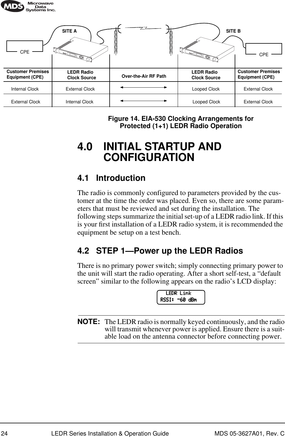 24 LEDR Series Installation &amp; Operation Guide MDS 05-3627A01, Rev. CFigure 14. EIA-530 Clocking Arrangements for Protected (1+1) LEDR Radio Operation4.0 INITIAL STARTUP AND CONFIGURATION4.1 IntroductionThe radio is commonly configured to parameters provided by the cus-tomer at the time the order was placed. Even so, there are some param-eters that must be reviewed and set during the installation. The following steps summarize the initial set-up of a LEDR radio link. If this is your ﬁrst installation of a LEDR radio system, it is recommended the equipment be setup on a test bench.4.2 STEP 1—Power up the LEDR RadiosThere is no primary power switch; simply connecting primary power to the unit will start the radio operating. After a short self-test, a “default screen” similar to the following appears on the radio’s LCD display:NOTE: The LEDR radio is normally keyed continuously, and the radiowill transmit whenever power is applied. Ensure there is a suit-able load on the antenna connector before connecting power.Over-the-Air RF PathCPECustomer PremisesEquipment (CPE) LEDR RadioClock SourceCPEInternal Clock External Clock Looped Clock External ClockExternal Clock Internal Clock Looped Clock External ClockCustomer PremisesEquipment (CPE)SITE A SITE BLEDR RadioClock Source            LLLLEEEEDDDDRRRR    LLLLiiiinnnnkkkk                    RRRRSSSSSSSSIIII::::    ----66660000    ddddBBBBmmmm