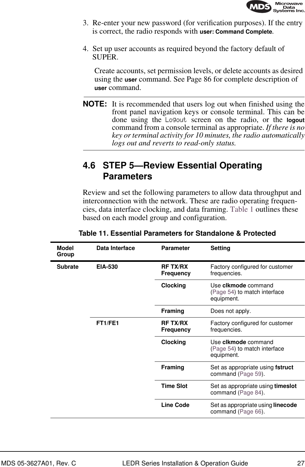 MDS 05-3627A01, Rev. C LEDR Series Installation &amp; Operation Guide 273. Re-enter your new password (for veriﬁcation purposes). If the entry is correct, the radio responds with user: Command Complete.4. Set up user accounts as required beyond the factory default of SUPER.Create accounts, set permission levels, or delete accounts as desired using the user command. See Page 86 for complete description of user command.NOTE: It is recommended that users log out when finished using thefront panel navigation keys or console terminal. This can bedone using the Logout screen on the radio, or the logoutcommand from a console terminal as appropriate. If there is nokey or terminal activity for 10 minutes, the radio automaticallylogs out and reverts to read-only status.4.6 STEP 5—Review Essential Operating ParametersReview and set the following parameters to allow data throughput and interconnection with the network. These are radio operating frequen-cies, data interface clocking, and data framing. Table 1 outlines these based on each model group and configuration. Table 11. Essential Parameters for Standalone &amp; Protected   ModelGroup Data Interface Parameter SettingSubrate EIA-530 RF TX/RX Frequency Factory configured for customer frequencies.Clocking Use clkmode command (Page 54) to match interface equipment.Framing Does not apply.FT1/FE1 RF TX/RX Frequency Factory configured for customer frequencies.Clocking Use clkmode command (Page 54) to match interface equipment.Framing Set as appropriate using fstruct command (Page 59).Time Slot Set as appropriate using timeslot command (Page 84).Line Code Set as appropriate using linecode command (Page 66).