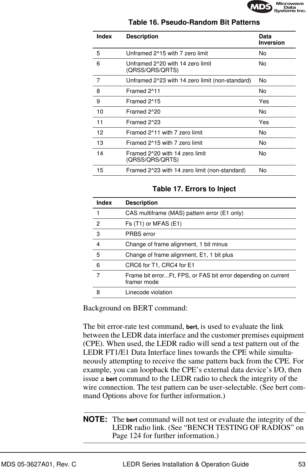 MDS 05-3627A01, Rev. C LEDR Series Installation &amp; Operation Guide 53Background on BERT command:The bit error-rate test command, bert, is used to evaluate the link between the LEDR data interface and the customer premises equipment (CPE). When used, the LEDR radio will send a test pattern out of the LEDR FT1/E1 Data Interface lines towards the CPE while simulta-neously attempting to receive the same pattern back from the CPE. For example, you can loopback the CPE’s external data device’s I/O, then issue a bert command to the LEDR radio to check the integrity of the wire connection. The test pattern can be user-selectable. (See bert com-mand Options above for further information.)NOTE: The bert command will not test or evaluate the integrity of the LEDR radio link. (See “BENCH TESTING OF RADIOS” on Page 124 for further information.)5 Unframed 2^15 with 7 zero limit No6 Unframed 2^20 with 14 zero limit (QRSS/QRS/QRTS) No7 Unframed 2^23 with 14 zero limit (non-standard) No8 Framed 2^11 No9 Framed 2^15 Yes10 Framed 2^20 No11 Framed 2^23 Yes12 Framed 2^11 with 7 zero limit No13 Framed 2^15 with 7 zero limit No14 Framed 2^20 with 14 zero limit (QRSS/QRS/QRTS) No15 Framed 2^23 with 14 zero limit (non-standard) NoTable 16. Pseudo-Random Bit PatternsIndex Description Data InversionTable 17. Errors to Inject  Index Description1 CAS multiframe (MAS) pattern error (E1 only)2 Fs (T1) or MFAS (E1)3 PRBS error4 Change of frame alignment, 1 bit minus5 Change of frame alignment, E1, 1 bit plus6 CRC6 for T1, CRC4 for E17 Frame bit error...Ft, FPS, or FAS bit error depending on current framer mode8 Linecode violation