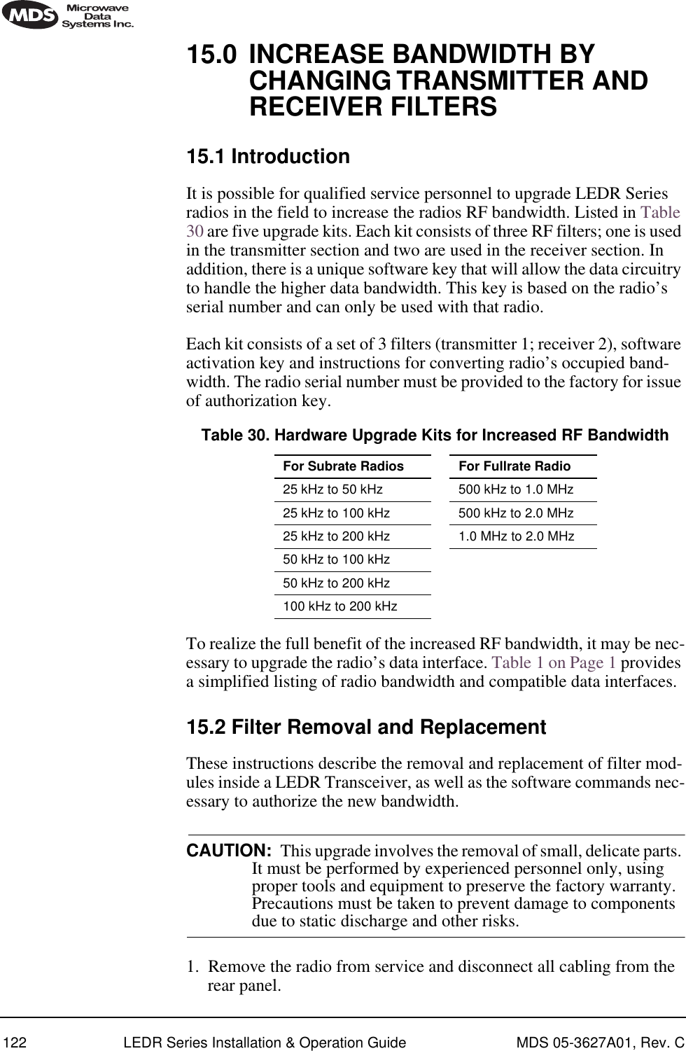 122 LEDR Series Installation &amp; Operation Guide MDS 05-3627A01, Rev. C15.0 INCREASE BANDWIDTH BY CHANGING TRANSMITTER AND RECEIVER FILTERS15.1 IntroductionIt is possible for qualified service personnel to upgrade LEDR Series radios in the field to increase the radios RF bandwidth. Listed in Table 30 are five upgrade kits. Each kit consists of three RF filters; one is used in the transmitter section and two are used in the receiver section. In addition, there is a unique software key that will allow the data circuitry to handle the higher data bandwidth. This key is based on the radio’s serial number and can only be used with that radio.Each kit consists of a set of 3 filters (transmitter 1; receiver 2), software activation key and instructions for converting radio’s occupied band-width. The radio serial number must be provided to the factory for issue of authorization key.To realize the full benefit of the increased RF bandwidth, it may be nec-essary to upgrade the radio’s data interface. Table 1 on Page 1 provides a simplified listing of radio bandwidth and compatible data interfaces.15.2 Filter Removal and ReplacementThese instructions describe the removal and replacement of filter mod-ules inside a LEDR Transceiver, as well as the software commands nec-essary to authorize the new bandwidth.CAUTION:  This upgrade involves the removal of small, delicate parts. It must be performed by experienced personnel only, using proper tools and equipment to preserve the factory warranty. Precautions must be taken to prevent damage to components due to static discharge and other risks.1. Remove the radio from service and disconnect all cabling from the rear panel.Table 30. Hardware Upgrade Kits for Increased RF BandwidthFor Subrate Radios For Fullrate Radio25 kHz to 50 kHz 500 kHz to 1.0 MHz25 kHz to 100 kHz 500 kHz to 2.0 MHz25 kHz to 200 kHz 1.0 MHz to 2.0 MHz50 kHz to 100 kHz50 kHz to 200 kHz100 kHz to 200 kHz