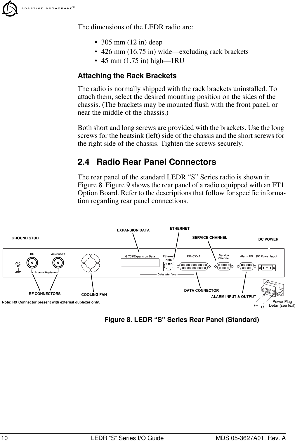  10 LEDR “S” Series I/O Guide MDS 05-3627A01, Rev. A The dimensions of the LEDR radio are:• 305 mm (12 in) deep • 426 mm (16.75 in) wide—excluding rack brackets• 45 mm (1.75 in) high—1RU Attaching the Rack Brackets The radio is normally shipped with the rack brackets uninstalled. To attach them, select the desired mounting position on the sides of the chassis. (The brackets may be mounted flush with the front panel, or near the middle of the chassis.)Both short and long screws are provided with the brackets. Use the long screws for the heatsink (left) side of the chassis and the short screws for the right side of the chassis. Tighten the screws securely. 2.4 Radio Rear Panel Connectors The rear panel of the standard LEDR “S” Series radio is shown in Figure 8. Figure 9 shows the rear panel of a radio equipped with an FT1 Option Board. Refer to the descriptions that follow for specific informa-tion regarding rear panel connections. Invisible place holder Figure 8. LEDR “S” Series Rear Panel (Standard)Antenna/TXExternal DuplexerRXPower PlugDetail (see text)GROUND STUDCOOLING FANEXPANSION DATADATA CONNECTORETHERNETSERVICE CHANNELALARM INPUT &amp; OUTPUTDC POWER RF CONNECTORSNote: RX Connector present with external duplexer only.