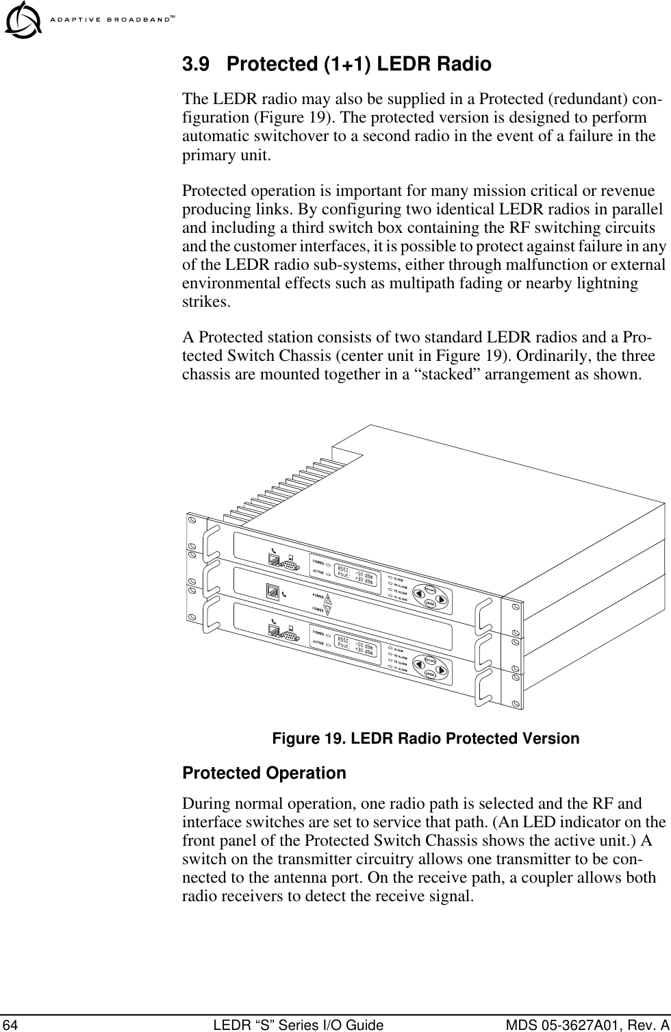 64 LEDR “S” Series I/O Guide MDS 05-3627A01, Rev. A3.9 Protected (1+1) LEDR RadioThe LEDR radio may also be supplied in a Protected (redundant) con-figuration (Figure 19). The protected version is designed to perform automatic switchover to a second radio in the event of a failure in the primary unit.Protected operation is important for many mission critical or revenue producing links. By configuring two identical LEDR radios in parallel and including a third switch box containing the RF switching circuits and the customer interfaces, it is possible to protect against failure in any of the LEDR radio sub-systems, either through malfunction or external environmental effects such as multipath fading or nearby lightning strikes.A Protected station consists of two standard LEDR radios and a Pro-tected Switch Chassis (center unit in Figure 19). Ordinarily, the three chassis are mounted together in a “stacked” arrangement as shown.Invisible place holderFigure 19. LEDR Radio Protected VersionProtected OperationDuring normal operation, one radio path is selected and the RF and interface switches are set to service that path. (An LED indicator on the front panel of the Protected Switch Chassis shows the active unit.) A switch on the transmitter circuitry allows one transmitter to be con-nected to the antenna port. On the receive path, a coupler allows both radio receivers to detect the receive signal.