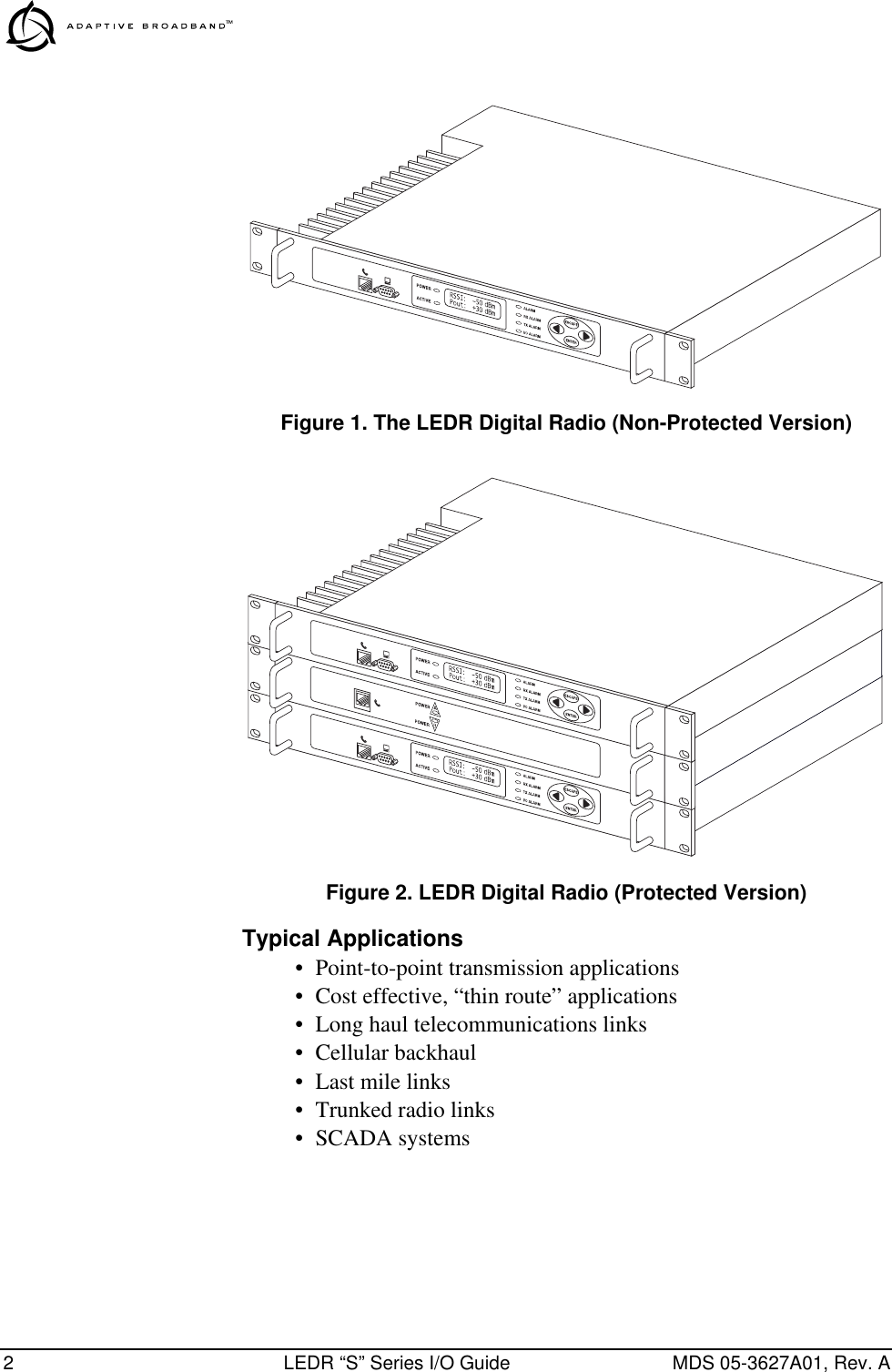  2 LEDR “S” Series I/O Guide MDS 05-3627A01, Rev. A Invisible place holder Figure 1. The LEDR Digital Radio (Non-Protected Version) Invisible place holder Figure 2. LEDR Digital Radio (Protected Version) Typical Applications • Point-to-point transmission applications• Cost effective, “thin route” applications• Long haul telecommunications links• Cellular backhaul• Last mile links• Trunked radio links• SCADA systems
