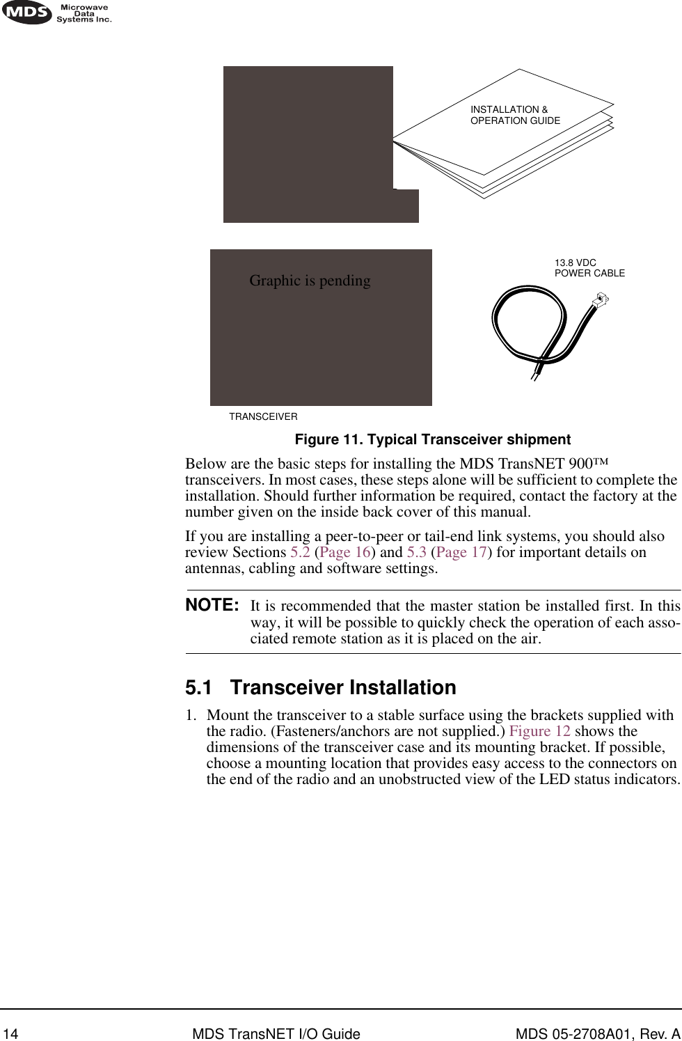 14 MDS TransNET I/O Guide MDS 05-2708A01, Rev. AInvisible place holderFigure 11. Typical Transceiver shipmentBelow are the basic steps for installing the MDS TransNET 900™ transceivers. In most cases, these steps alone will be sufficient to complete the installation. Should further information be required, contact the factory at the number given on the inside back cover of this manual.If you are installing a peer-to-peer or tail-end link systems, you should also review Sections 5.2 (Page 16) and 5.3 (Page 17) for important details on antennas, cabling and software settings.NOTE: It is recommended that the master station be installed first. In thisway, it will be possible to quickly check the operation of each asso-ciated remote station as it is placed on the air.5.1 Transceiver Installation1. Mount the transceiver to a stable surface using the brackets supplied with the radio. (Fasteners/anchors are not supplied.) Figure 12 shows the dimensions of the transceiver case and its mounting bracket. If possible, choose a mounting location that provides easy access to the connectors on the end of the radio and an unobstructed view of the LED status indicators.INSTALLATION &amp;OPERATION GUIDE13.8 VDCPOWER CABLEHAND-HELDTERMINAL(OPTIONAL)AF1BF2CF3DF4EF5FGH1I2J3KLM4N5O6PQR7S8T9UVWX0Y.ZCTRL ESCBKSP SPACE ENTERSHIFT/(*)–#+,=TRANSCEIVERGraphic is pending